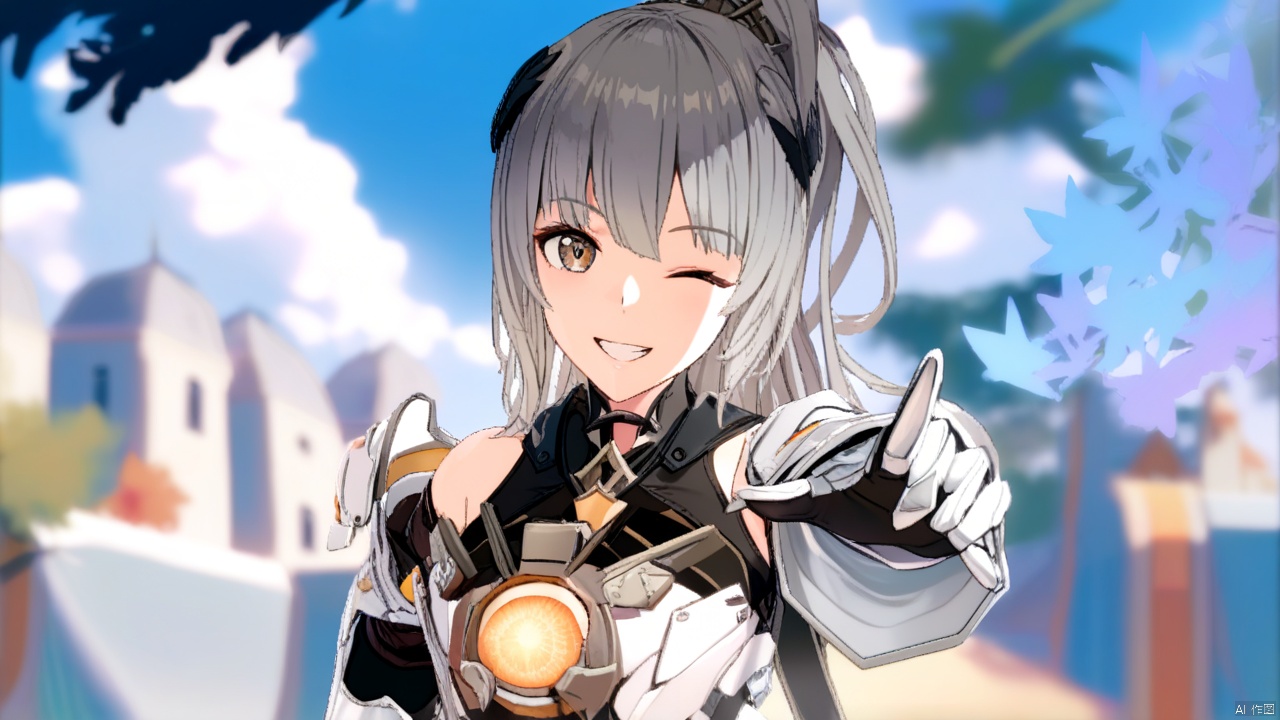  masterpiece,bestquality,highlydetailed,ultra-detailed,nanami 1girl solo long hair looking at viewer smile bangs gloves bare shoulders brown eyes ponytail one eye closed teeth black gloves armor,point at viewer,blurry background,outdoors,blue sky,clean sky,clouds