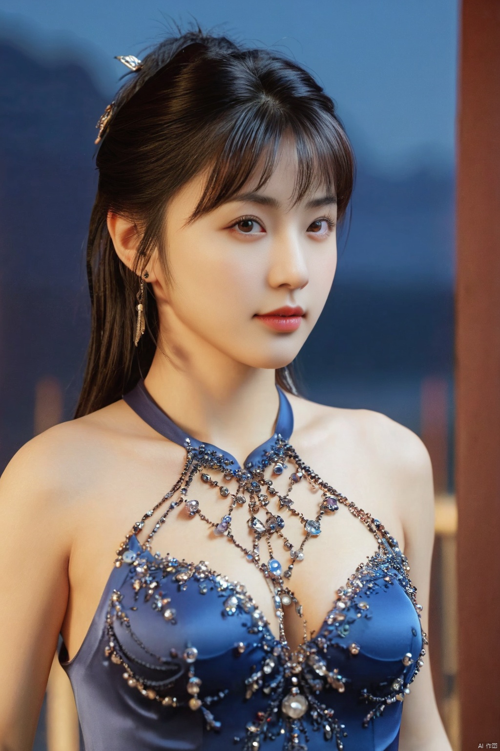 (global illumination, reality,ray tracing, HDR, unreal rendering, reasonable design, high detail, masterpiece,best quality, ultra high definition, movie lighting),
1girl,outdoor,looking_at_viewer,side_blunt_bangs,big breasts,pose,solo,1girl,black hair,black eyes, 
,lifu