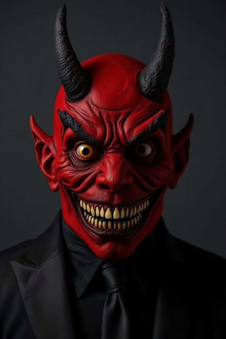 Captured in a close-up, eye-level shot of a man's face, adorned with a red demon-like mask. The man's head is adorned with black horns, adding a pop of color to his face. His eyes are a piercing yellow, and his mouth is open, revealing sharp teeth. His eyebrows are a dark black, adding texture to the scene. He is dressed in a black suit jacket, with a black collar. The backdrop is a dark gray, creating a stark contrast to the man's skin.
