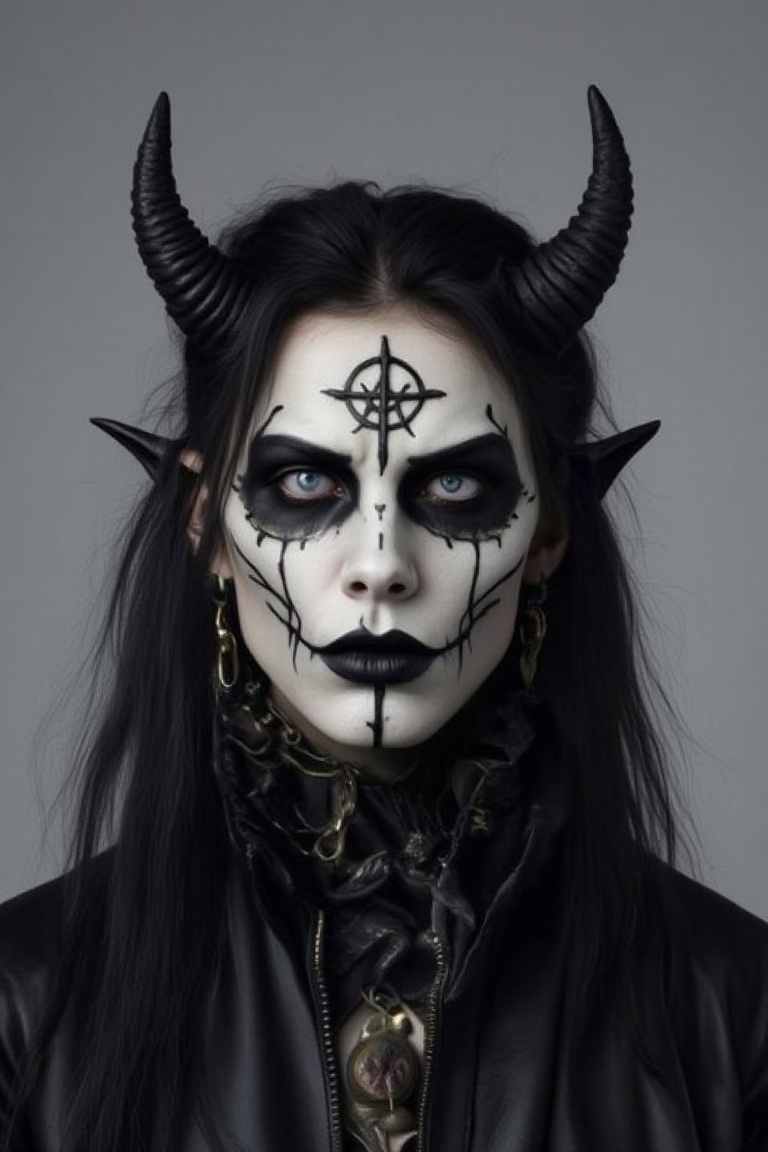 solo, long hair, looking at viewer, blue eyes, black hair, 1boy, jewelry, jacket, upper body, male focus, earrings, horns, grey background, collar, black jacket, makeup, facial mark, cross, lipstick, demon horns, spikes, leather, spiked collar, pentagram, gothic, black lips