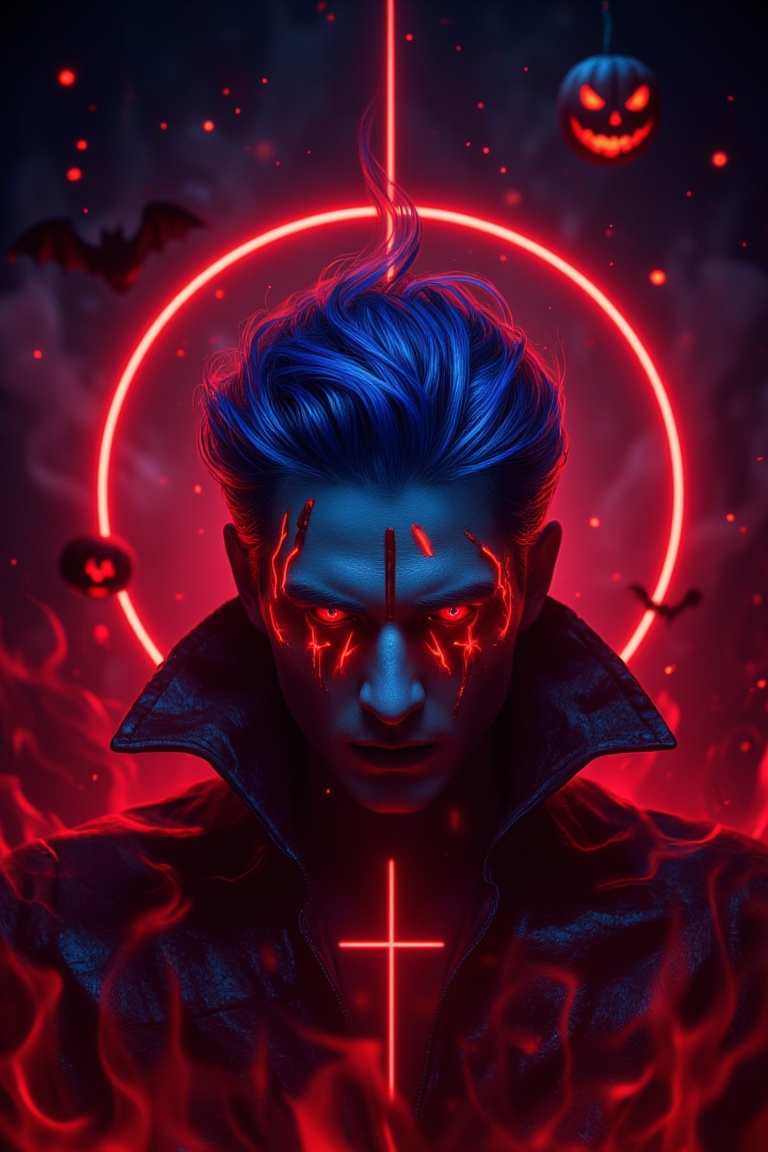 A minimalist,  epic dark fantasy scene featuring a King with blue hair and long glowing red flame eyes,  surrounded by dee...