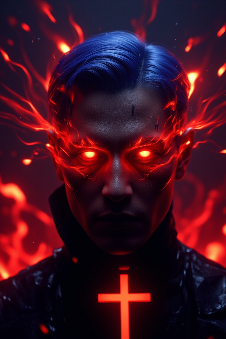 A minimalist,  epic dark fantasy scene featuring a King with blue hair and long glowing red flame eyes,  surrounded by dee...