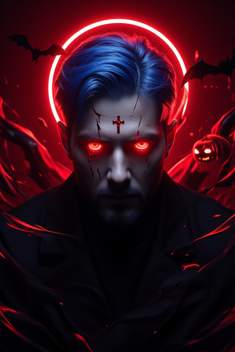 A minimalist,  epic dark fantasy scene featuring a King with blue hair and long glowing red flame eyes,  surrounded by dee...