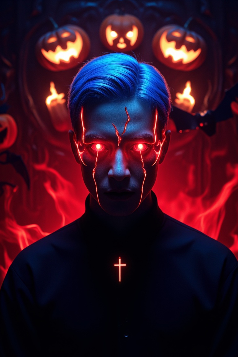 A minimalist,  epic dark fantasy scene featuring a King with blue hair and long glowing red flame eyes,  surrounded by dee...