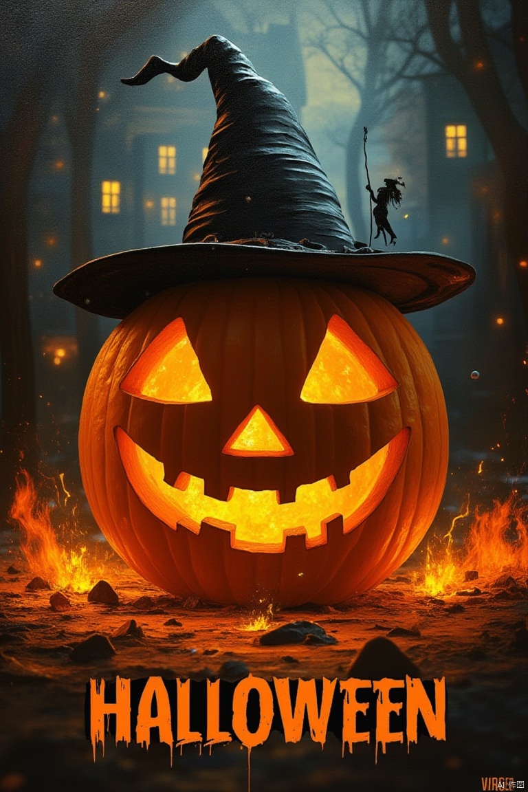 An artistic painting of a jack-o-lantern with the word "HALLOWEEN" written at the bottom of the image. The pumpkin has two triangle shaped lights on it, and a black hat with a pointed brim. The background is dark, with orange and yellow flames surrounding it. There is a black silhouette of a witch on the top of the pumpkin, and there is a building in the background.
