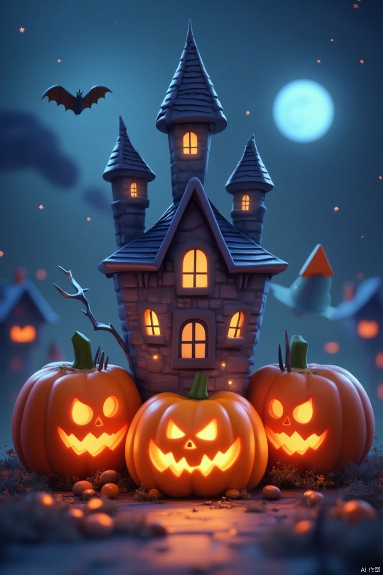 Captured at eye-level, a 3D rendering of a Halloween scene features four pumpkins, each with a glowing orange face,
arranged in a circular pattern. The pumpkins are positioned in front of, a castle-like structure, with a pointed roof and a pointed pointed roof. The castle is adorned with a blue roof, and three windows
each of which are lit up with yellow lights. The scene is set against a, backdrop of a deep blue sky, dotted with white stars, and a full moon. Two bats are flying in the sky, adding a touch of mystery to the scene.
