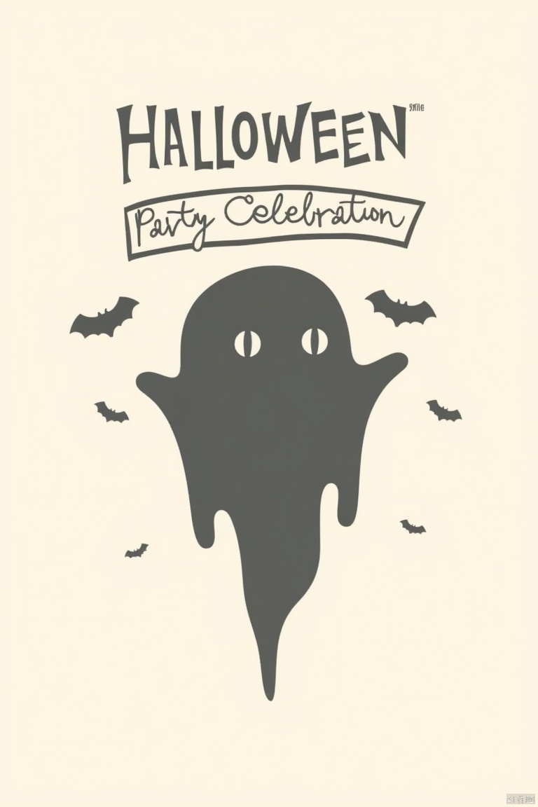 A black and white image of a ghost on a light beige background with the word "HALLOWEEN" written in a bold, black font above it. The ghost is outlined in black, with a black outline around it. There are three black bats on either side of the ghost, with the words "PARTY CELEBRATION" written below it. At the bottom of the image, there is a text that reads "Poster Design" in black font.