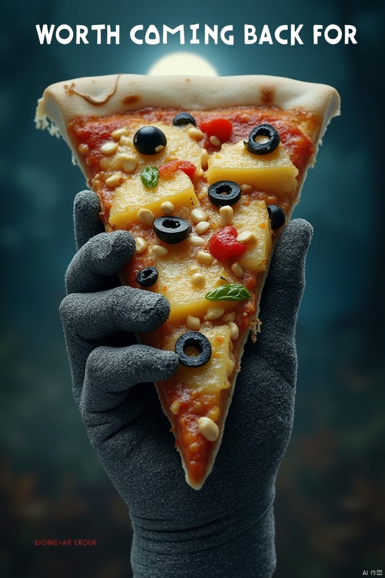 a slice of pizza is held up in the middle of the frame. The pizza is adorned with a variety of toppings, including olives
pineapples, and pine nuts. The hands of the pizza are covered in a layer of gray dirt, adding a pop of color to the scene. The background is a deep blue, with a full moon glowing in the upper right corner. The words "WORTH COMING BACK FOR" are written in a bold white font across the top right corner of the image.