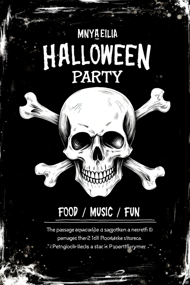 An advertisement for a halloween party. The background of the advertisement is black with white text. The text reads "HALLOWEEN INVITATION" and "FOOD / MUSIC / FUN" as well as "The passage experienced a surface in popularity during the 1960s when used. The passage expe-riened a surf in Popularity during."." There is a white skull on the black background. The skull is surrounded by white bones.