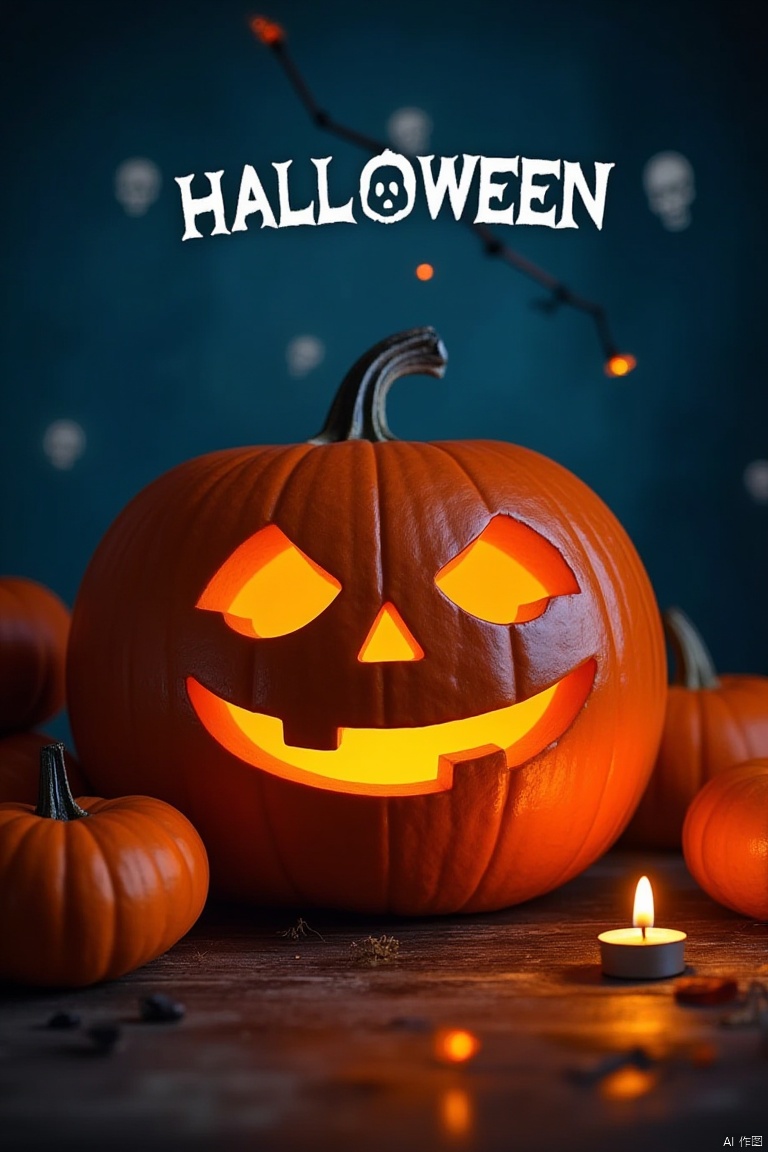 a vibrant orange jack-o-lantern is prominently displayed against a backdrop of a dark blue background, adorned with white skulls and white circles. The pumpkin's face is glowing, creating a striking contrast against the dark blue backdrop. The pumpkins are arranged on a wooden surface, adding a pop of color to the scene. A small orange candle is lit in the bottom right corner of the frame
adding depth to the composition. The text "HALLOWEEN" is written in a bold, white font, adding to the overall composition.

