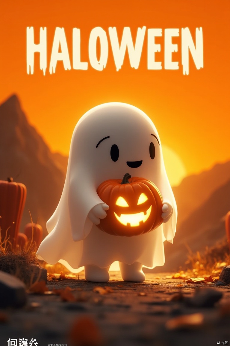 Captured in a low-angle, eye-level perspective, 
a small cartoon ghost is standing on the ground, holding a glowing orange pumpkin in its hands. The ghost's head is facing the viewer
and its eyes are squinted with a smile. The background is a vibrant orange, with a mountain range in the distance. At the top of the image
the word "HALLOWEEN" is written in bold white letters. Below the ghost, the words "Happy Night" are written in a smaller language.