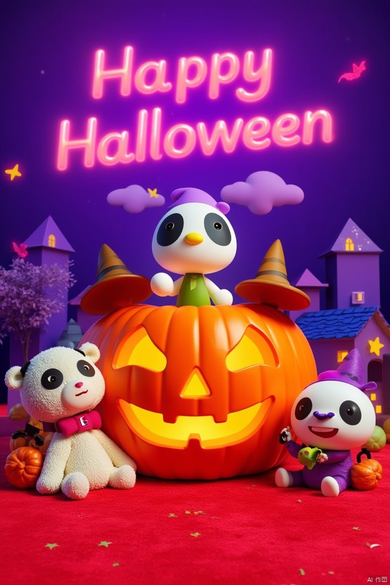 Captured on a vibrant purple backdrop, the words "Happy HALLOWEEN" are written in a bold, vibrant pink font. In the center of the frame, a large orange pumpkin is adorned with a smiley face carved into it. Surrounding the pumpkin are two cartoon characters
each with a white face and a brown hat. To the right of the pumpkin is a small cartoon character holding a bat, while to the left is a white stuffed animal with black eyes and a black nose. The stuffed animal is positioned in front of a purple house with a blue roof. The scene is set on a red carpet, adding a pop of color to the scene.
﻿