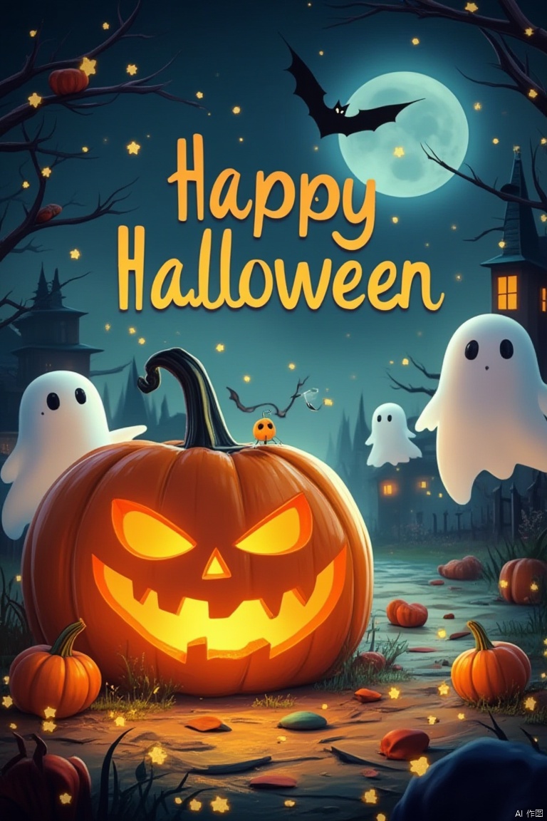 An animated Halloween scene with a large orange jack-o-lantern in the center of the frame. Above the pumpkin, the word "HALLOWEEN" is written in yellow letters. The background of the scene is a dark blue sky with white stars and a white moon. There are two white ghosts on the right side of the image. There is a black bat on the top of the page.