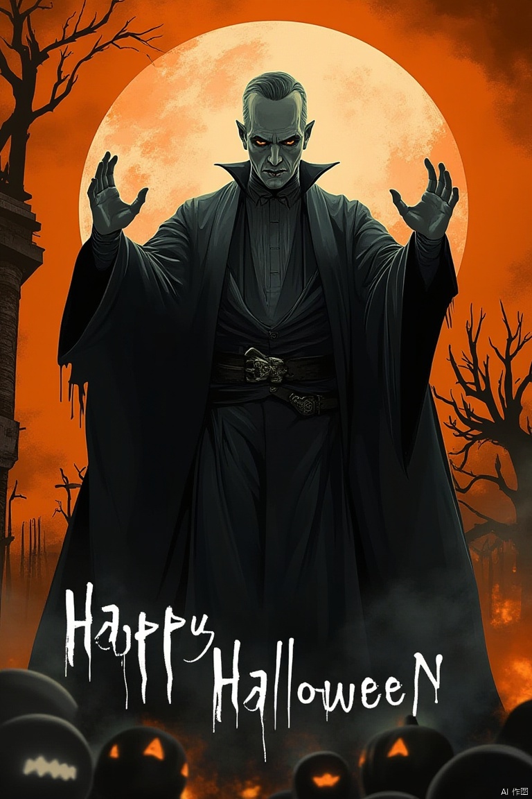 Captured on a dark colored poster
a vampire dressed in a black robe stands in front of a full moon. The vampire's face is adorned with black eye glasses,
a black belt,
and a white undershirt. His hands are raised in the air,
adding a touch of mystery to the scene. The background is a vibrant orange, 
with a black tower in the upper left corner of the frame. The words "Happy halloween" are written in white text in the lower right corner.