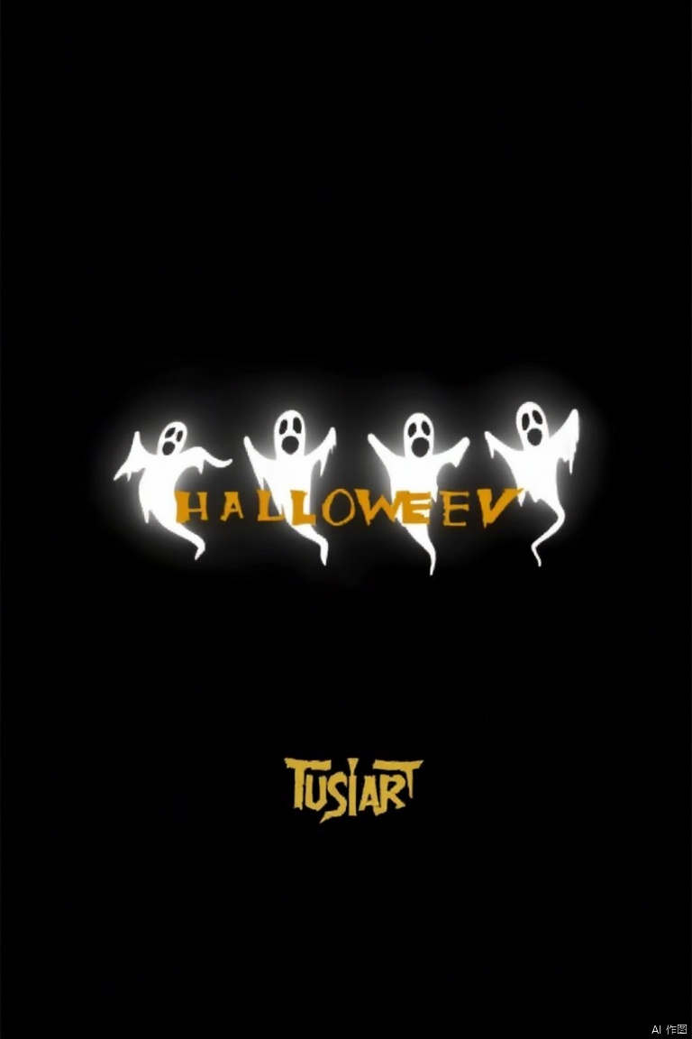 A black background with four white ghosts in the center of the image and the word "HALLOWEEN" written in yellow below the ghosts. The ghosts are outlined in white and have black eyes and mouths. The background is a solid black color and there is a yellow text in the bottom right corner that reads "TUSIART".