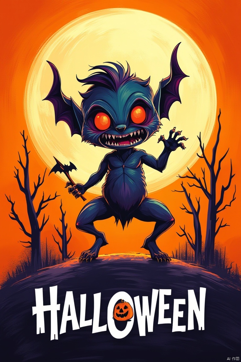 A vibrant cartoon drawing of a demon demon standing in front of a full moon. The demon has sharp sharp teeth, sharp claws, 
and sharp claws. Its eyes are glowing red, and its mouth is open. The background of the demon is orange, and there are bare bare trees surrounding the demon. The word "HALLOWEEN" is written in white, letters at the bottom of the image.