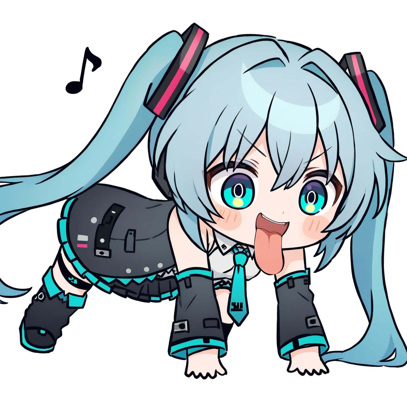 masterpiece,best quality,<lora:all fours_a31-xl:1>,chibi,all fours,open mouth,tongue out,full body,1girl,hatsune miku,twintails,necktie,solo,skirt,shirt,aqua hair,black skirt,aqua eyes,detached sleeves,long hair,sleeveless,white shirt,open mouth,white background,aqua necktie,black sleeves,sleeveless shirt,outstretched arms,very long hair,blush stickers,pleated skirt,hair ornament,miniskirt,bare shoulders,musical note,