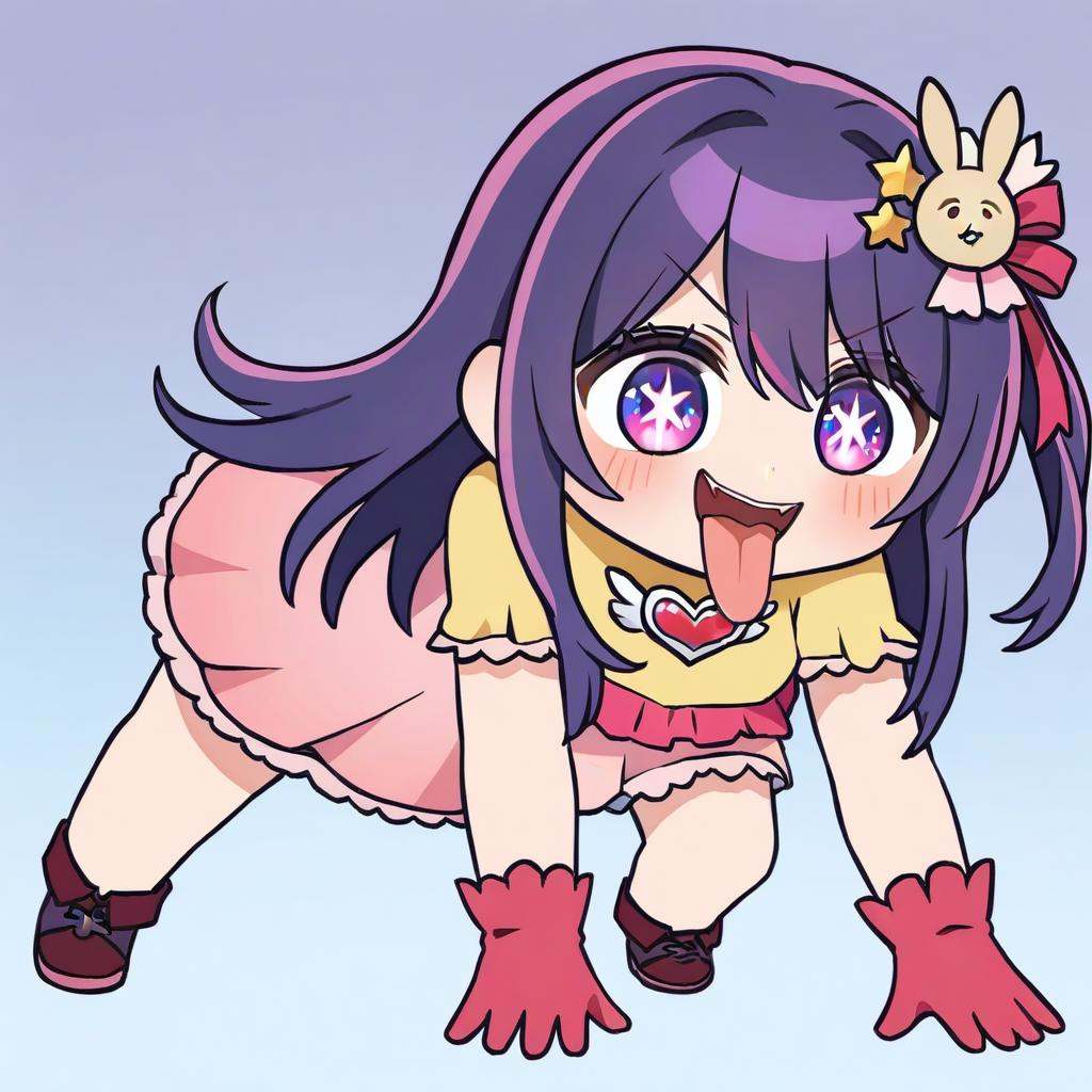 masterpiece,best quality,<lora:all fours_a31-xl:1>,chibi,all fours,open mouth,tongue out,full body,1girl,hoshino_ai_\(oshi_no_ko\),rabbit_hair_ornament,solo,hair_ornament,star_\(symbol\),gloves,symbol-shaped_pupils,star-shaped_pupils,idol,dress,pink_gloves,idol_clothes,open_mouth,star_hair_ornament,pink_dress,blush,smile,turtleneck_dress,frills,frilled_dress,sleeveless,pink_ribbon,ribbon,sparkle,frilled_gloves,sleeveless_dress,heart_brooch,<lora:oshi_no_ko_in_one_a31-xl_v1:1>,
