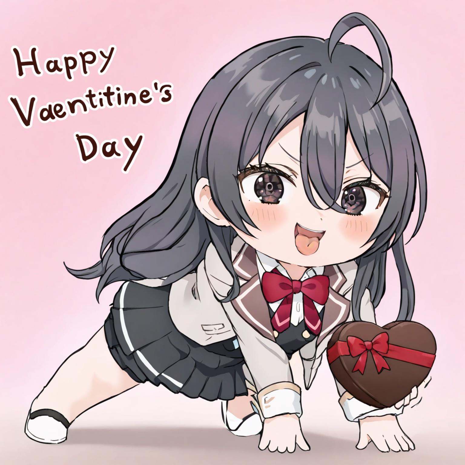masterpiece,best quality,<lora:all fours_a31-xl:1>,chibi,all fours,open mouth,tongue out,full body,<lora:alisa_four_in_one_a31-xl:1>,1girl, kimishima_ayano, solo, heart-shaped_box, valentine, jacket, bow, heart, chocolate, holding, looking_at_viewer, school_uniform, shirt, box, white_shirt, collared_shirt, bowtie, closed_mouth, grey_jacket, red_bow, blush, skirt, long_sleeves, smile, pleated_skirt, red_bowtie, open_clothes, happy_valentine, open_jacket, dress, pleated_dress, gift, black_dress, holding_box, heart-shaped_chocolate, candy, food, box_of_chocolates, cowboy_shot, blazer,