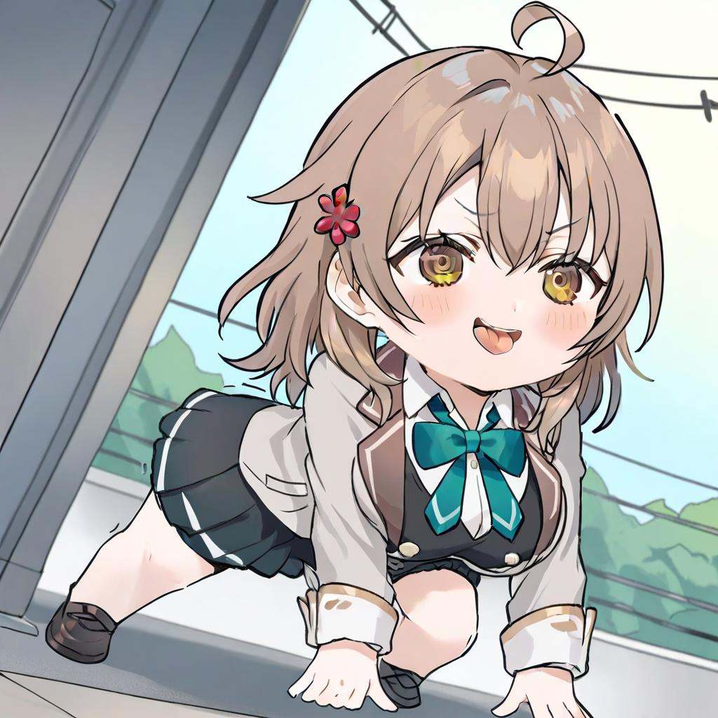 masterpiece,best quality,<lora:all fours_a31-xl:1>,chibi,all fours,open mouth,tongue out,full body,<lora:alisa_four_in_one_a31-xl:1>,1girl,mariya_mikhailovna_kujou,solo,hair_ornament,ahoge,jacket,shirt,white_shirt,bow,collared_shirt,long_hair,open_jacket,hair_flower,breasts,flower,blush,brown_hair,smile,upper_body,open_clothes,closed_mouth,looking_to_the_side,blazer,school_uniform,yellow_eyes,hair_between_eyes,bowtie,medium_breasts,long_sleeves,window,brown_eyes,aqua_bowtie,dutch_angle,vest,aqua_bow,ribbon,grey_jacket,outdoors,power_lines,utility_pole,black_vest,green_bow,