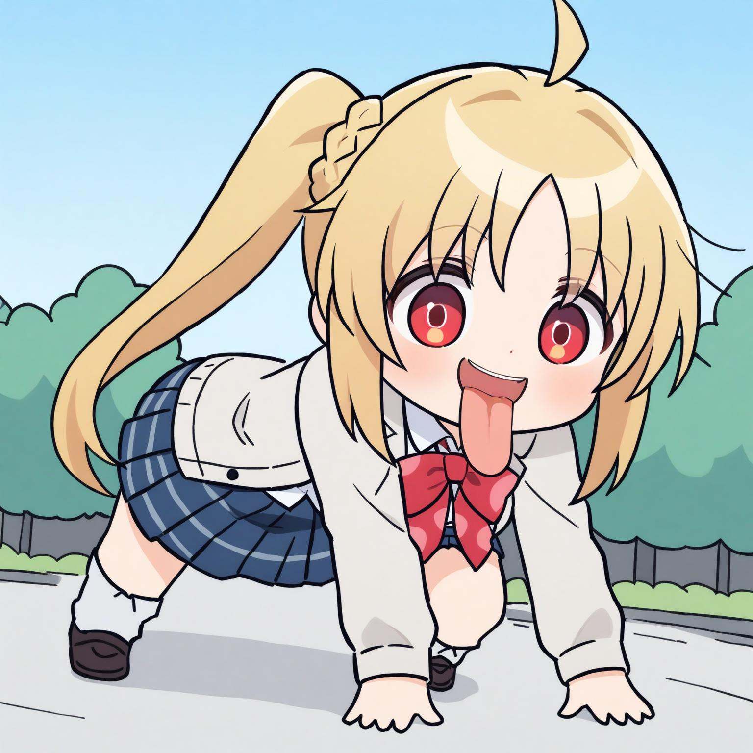masterpiece,best quality,1girl,ijichi_nijika,blonde_hair,solo,green_jacket,red_eyes,skirt,ahoge,shirt,long_hair,side_ponytail,white_shirt,jacket,outdoors,collared_shirt,open_clothes,bow,red_bow,open_jacket,pleated_skirt,blue_skirt,smile,plaid,day,plaid_skirt,long_sleeves,school_uniform,very_long_hair,dress_shirt,looking_at_viewer,sky,:d,blue_sky,green_cardigan,sidelocks,braid,parted,<lora:all fours_a31-xl:1>,chibi, all fours, open mouth, tongue out, full body,
