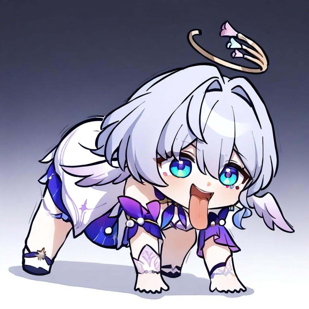 masterpiece,best quality,<lora:all fours_a31-xl:1>,chibi,all fours,open mouth,tongue out,full body,<lora:知更鸟星铁robin star rail_[a31-xl]:1>,1girl,robin_(honkai_star_rail),head_wings,halo,