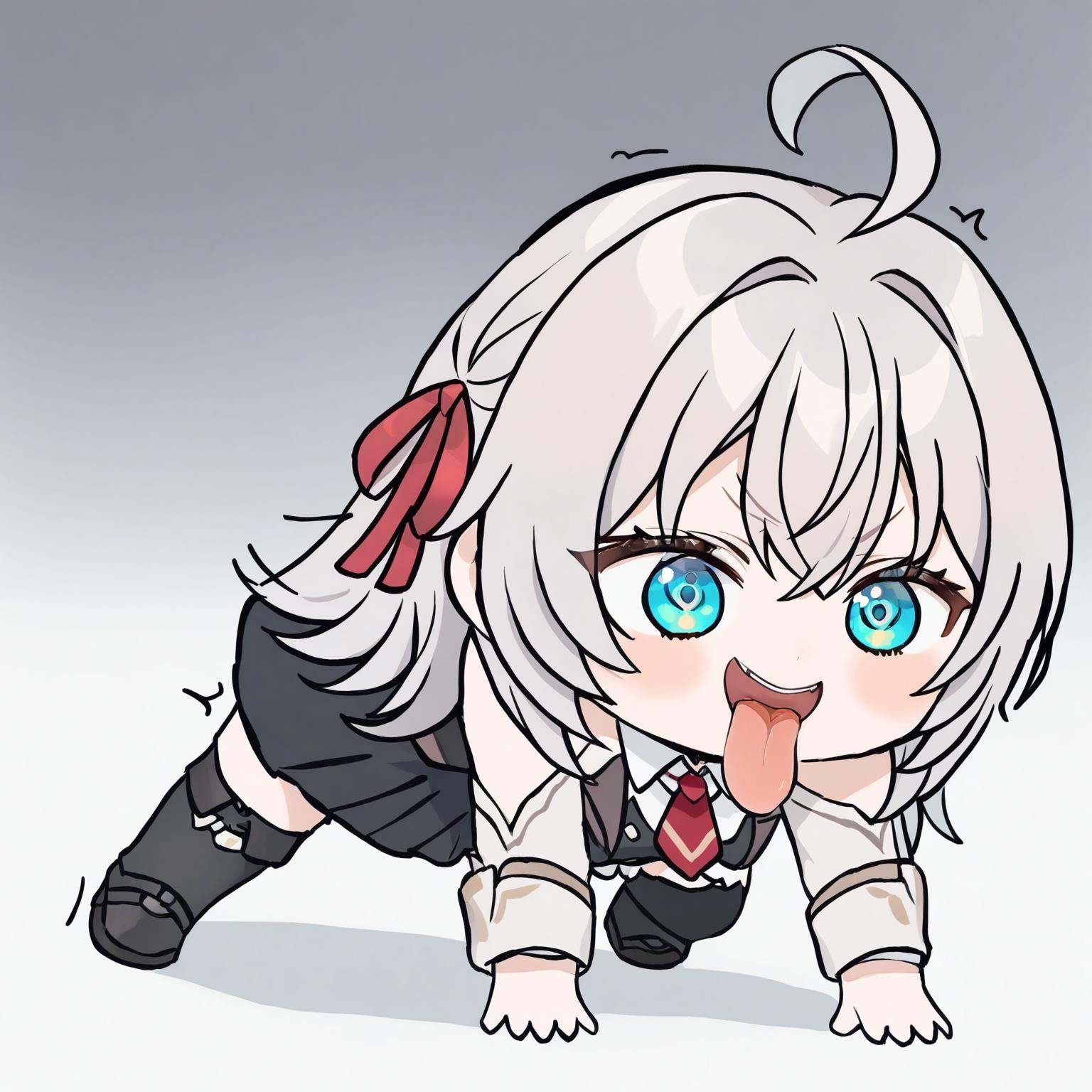 masterpiece,best quality,<lora:all fours_a31-xl:1>,chibi,all fours,open mouth,tongue out,full body,<lora:alisa_four_in_one_a31-xl:1>,1girl,alisa_mikhailovna_kujou,hair_ribbon,ahoge,
