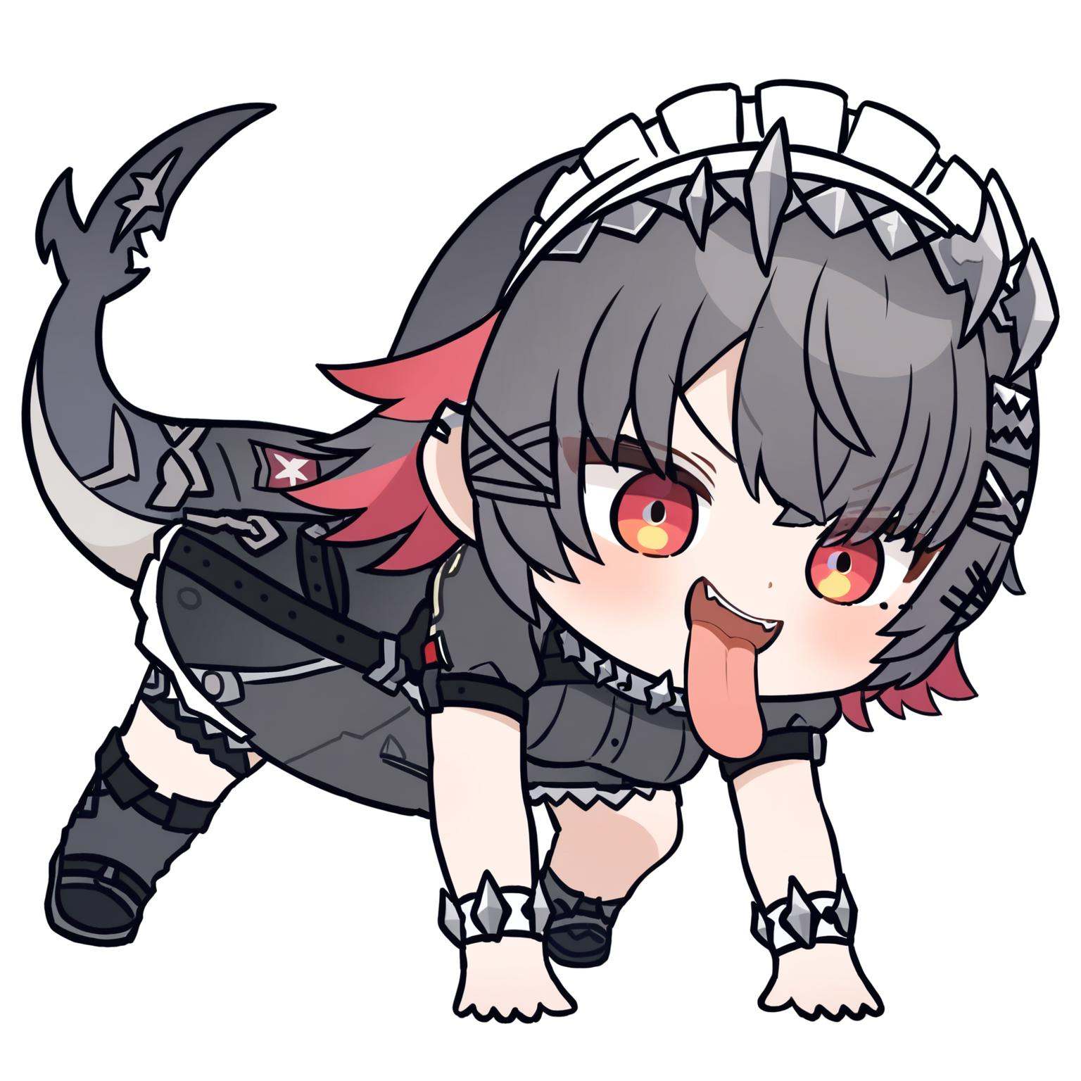 masterpiece,best quality,<lora:all fours_a31-xl:1>,chibi,all fours,open mouth,tongue out,full body,<lora:ellen_joe_a31-xl_v2:1>,1girl,ellen_joe,solo,tongue_out,tongue,short_sleeves,maid_headdress,shark_tail,frills,black_dress,white_apron,virtual_youtuber,black_footwear,fins,medium_breasts,belt,