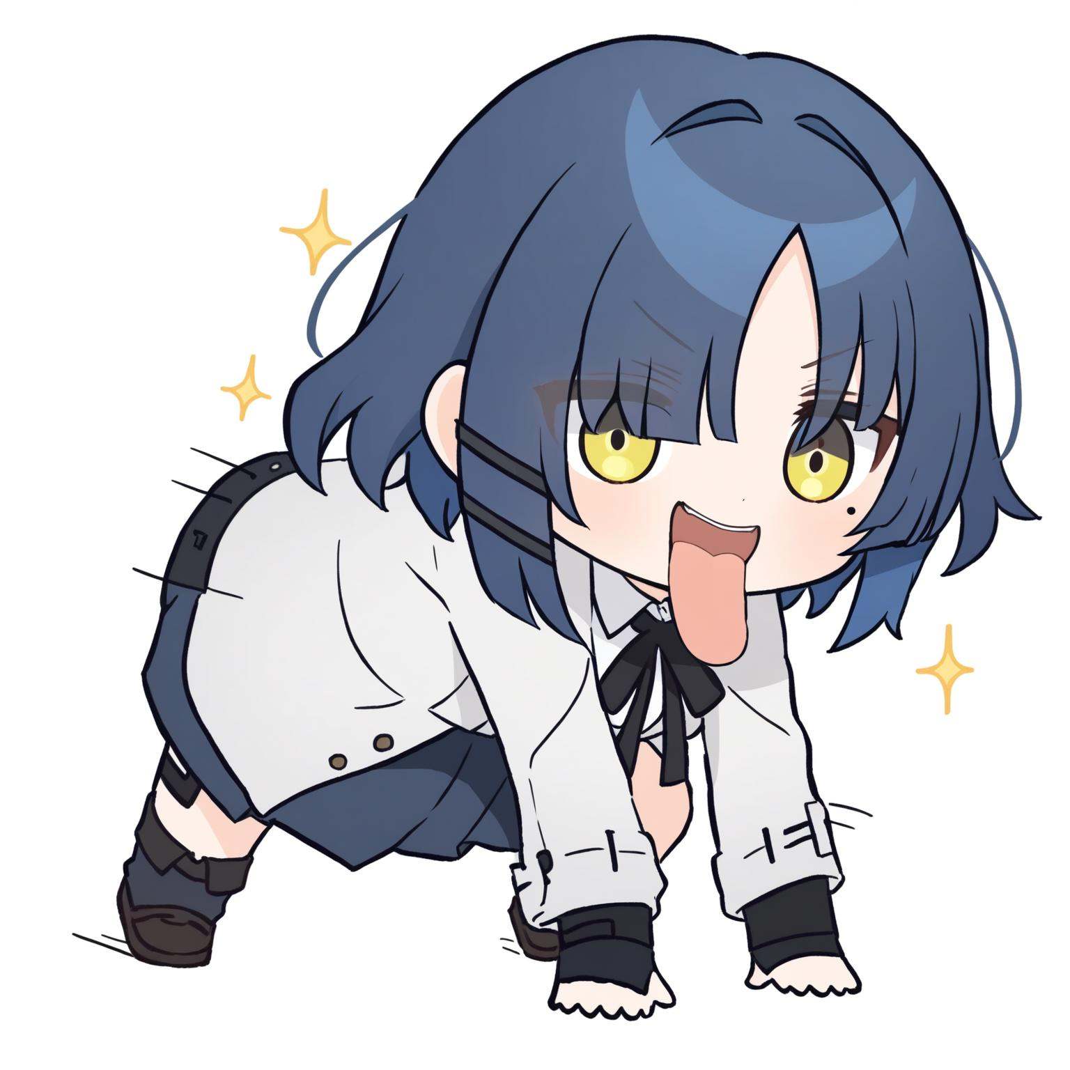 masterpiece,best quality,1girl,yamada_ryo,blue_hair,solo,mole,shirt,mole_under_eye,ribbon,white_shirt,yellow_eyes,shimokitazawa_high_school_uniform,neck_ribbon,short_hair,holding,black_ribbon,collared_shirt,sparkle,long_sleeves,hair_ornament,simple_background,hairclip,eyes_visible_through_hair,school_uniform,hair_over_one_eye,white_background,looking_at_viewer,<lora:all fours_a31-xl:1>,chibi,all fours,open mouth,tongue out,full body,