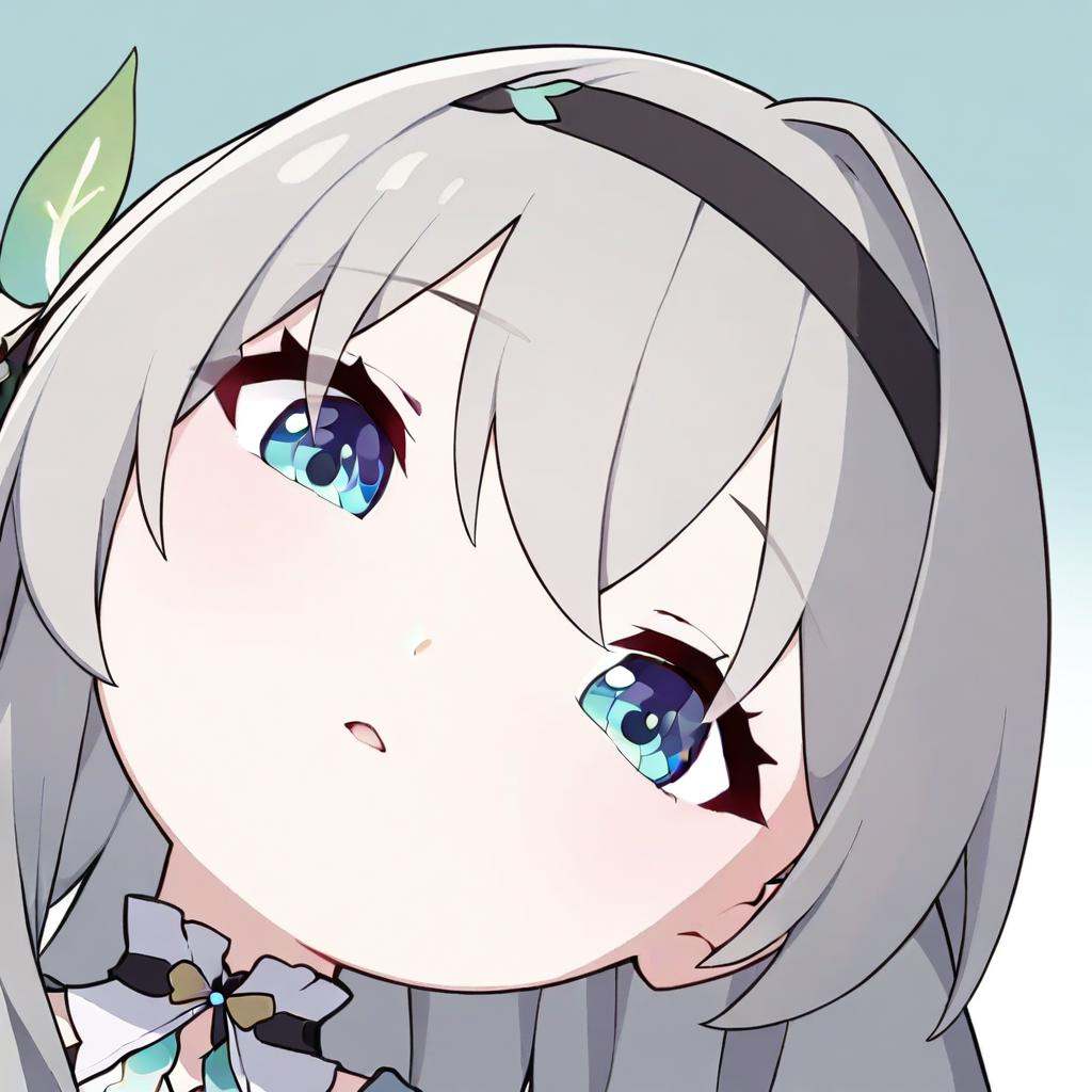 masterpiece,best quality,<lora:portrait_a31-xl:1>,portrait,1girl, firefly (Honkai: Star Rail), solo,grey hair, long hair,hair ornament,black hairband, blue eyes, long sleeves, green skirt,green thighhighs,