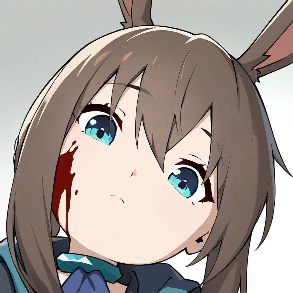 masterpiece,best quality,<lora:portrait_a31-xl:1>,portrait,1girl, animal ears, amiya (arknights), solo, blue eyes, rabbit ears, long hair, holding, looking at viewer, blood, weapon, blue ascot, upper body, holding weapon, brown hair, ascot, hair between eyes, sword, holding sword, jacket, blood on face, closed mouth, open clothes, sidelocks, open jacket, jewelry, shirt, neck ring, white shirt, black jacket, ponytail, glowing,