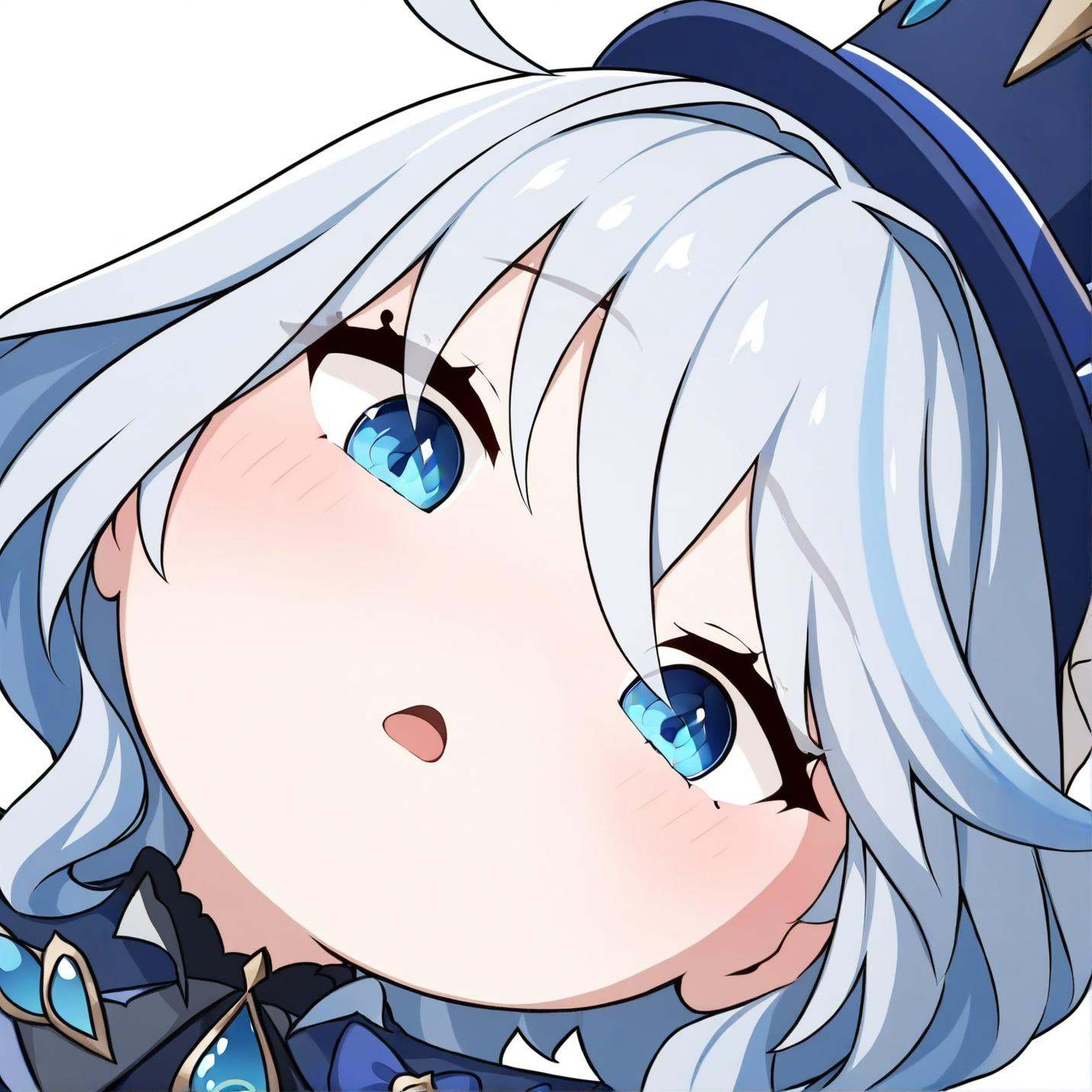 masterpiece,best quality,<lora:portrait_a31-xl:1>,portrait,1girl,white_background,highres,furina_\(genshin_impact\),open_mouth,blue_jacket,hat_bow,long_sleeves,blue_hat,simple_background,grabbing,top_hat,blue_gloves,commentary_request,hair_intakes,looking_at_viewer,blush,solo,blue_bow,white_gloves,upper_body,