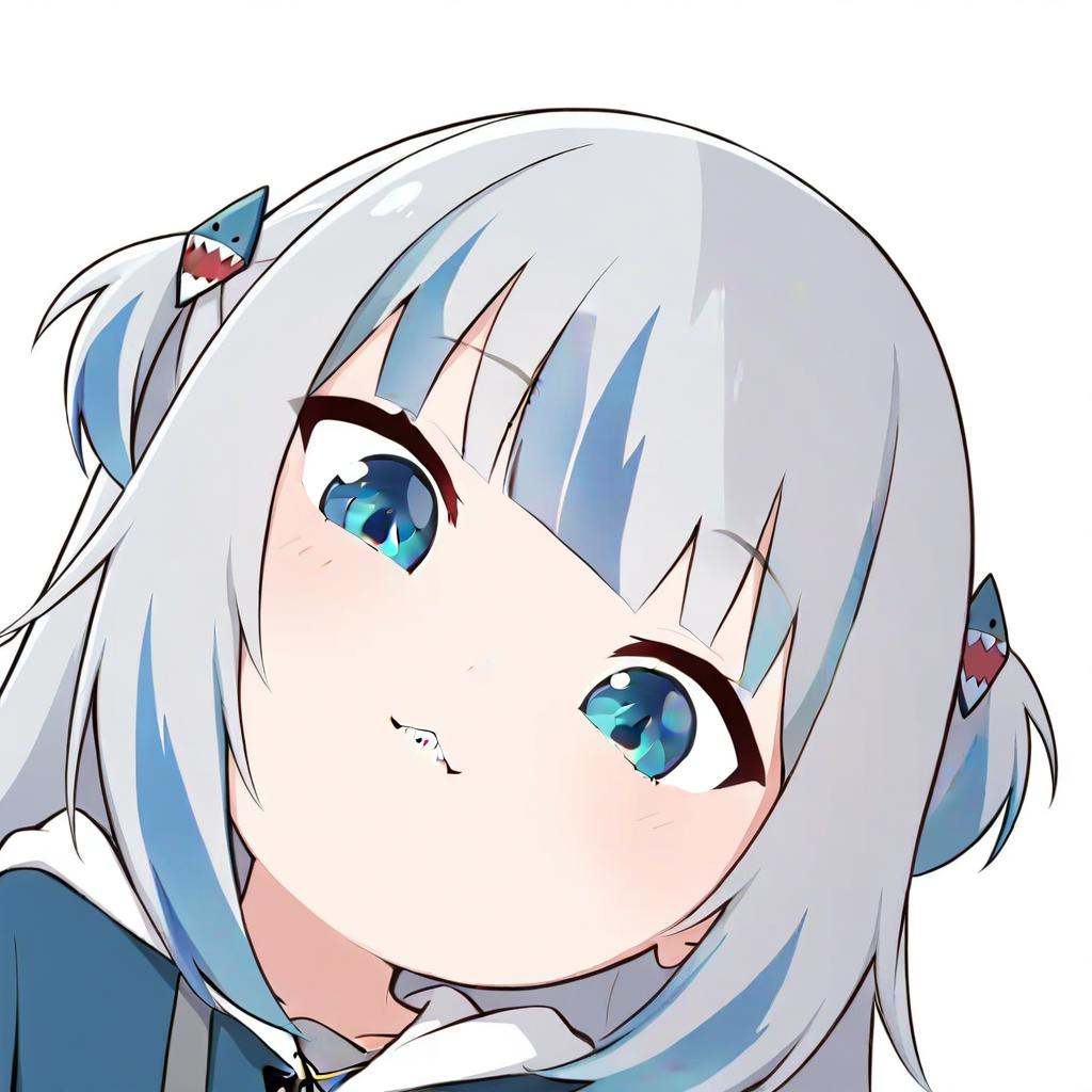 masterpiece,best quality,<lora:portrait_a31-xl:1>,portrait,1girl,gawr gura,virtual youtuber,tail,fish tail,shark tail,solo,blue eyes,multicolored hair,grey hair,full body,blue hair,streaked hair,bangs,hair ornament,shark hair ornament,two side up,white background,hood,blunt bangs,shark girl,hoodie,simple background,blue hoodie,