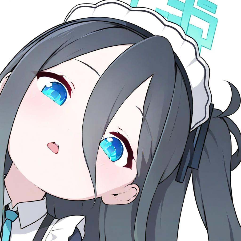 masterpiece,best quality,<lora:portrait_a31-xl:1>,portrait,1girl, solo, aris \(blue archive\), aris \(maid\) \(blue archive\), halo, long hair, black hair, thighhighs, white thighhighs, apron, blue eyes, official alternate costume, maid headdress, maid, very long hair, full body, simple background, white background, short sleeves, open mouth, dress, looking at viewer, 