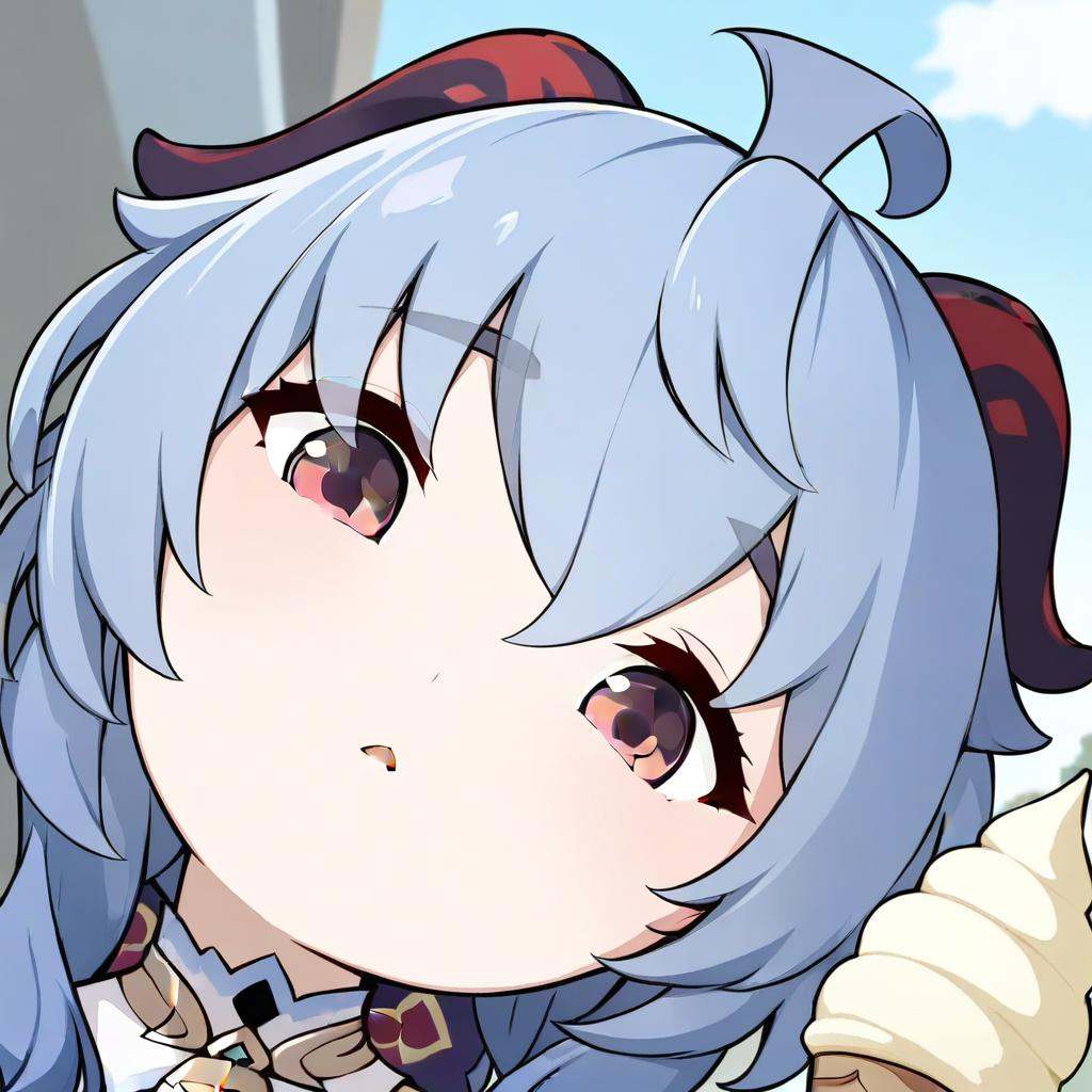 masterpiece,best quality,<lora:portrait_a31-xl:1>,portrait,1girl,ganyu \(genshin impact\),solo,outdoors,long hair,goat horns,ice cream,horns,