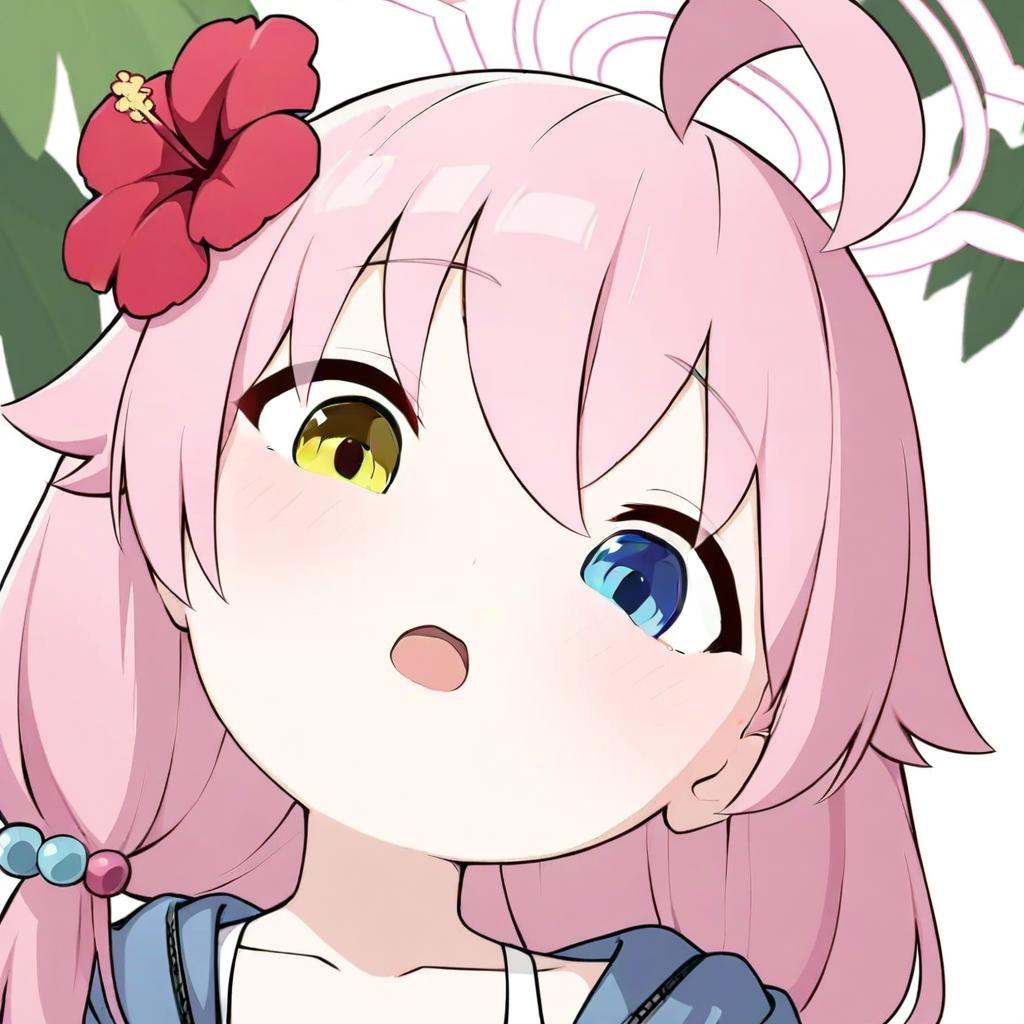 masterpiece,best quality,<lora:portrait_a31-xl:1>,portrait,solo,red flower,1girl,hoshino (blue archive),flower,blue jacket,hoshino (swimsuit) (blue archive),hair ornament,white bikini,frilled bikini,heterochromia,swimsuit,twintails,long hair,ahoge,yellow eyes,bikini,navel,halo,blush,looking at viewer,jacket,frills,low twintails,blue eyes,open mouth,pink hair,collarbone,hair between eyes,hair bobbles,outdoors,long sleeves,hair flower,official alternate costume,hibiscus,open clothes,blurry,