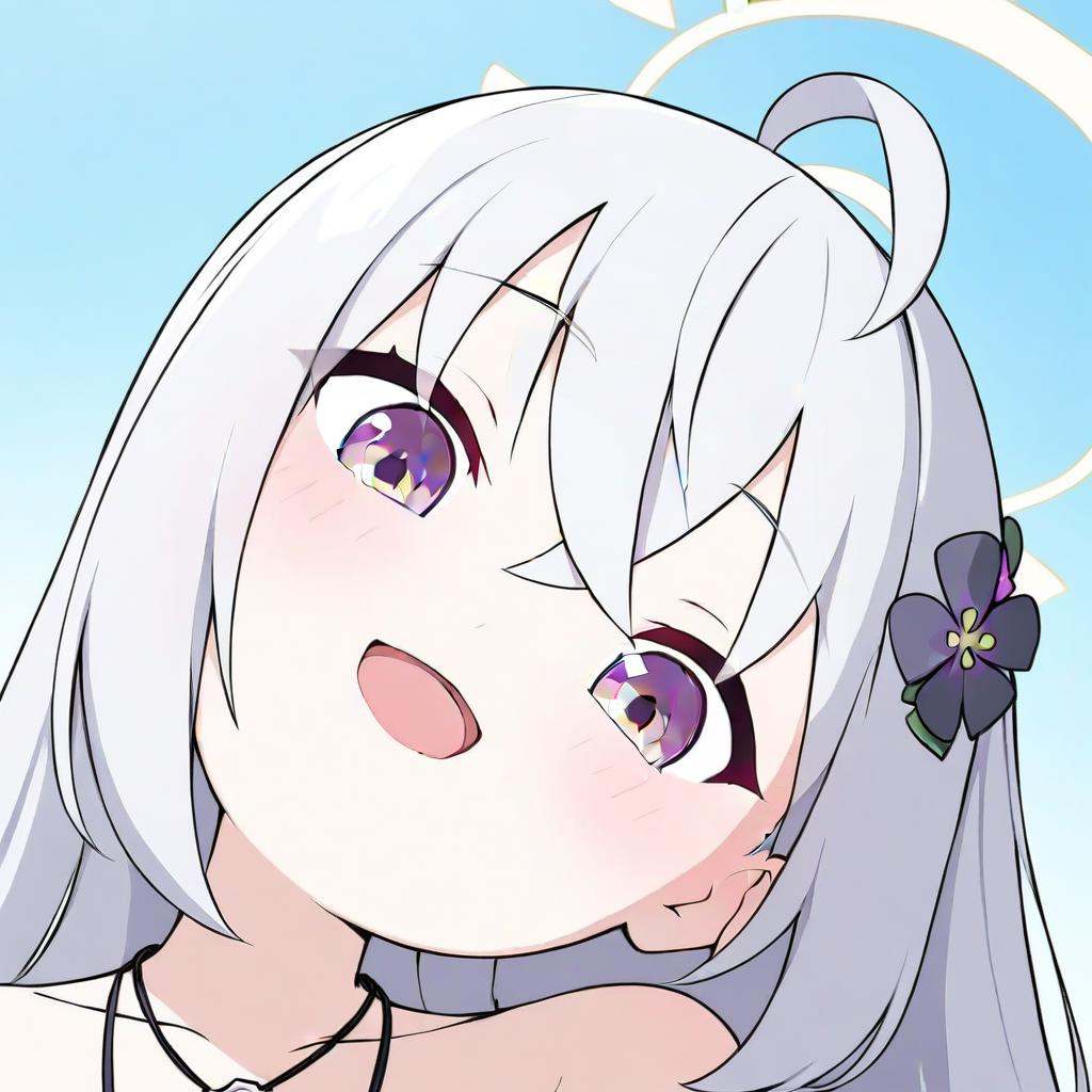 masterpiece,best quality,<lora:portrait_a31-xl:1>,portrait,1girl,solo,hair ornament,azusa (blue archive),swimsuit,hair flower,bikini,long hair,flower,necklace,jewelry,frilled bikini,looking at viewer,frills,hair between eyes,blush,open mouth,purple eyes,smile,wings,halo,bow,bead necklace,strapless,beads,ahoge,bare shoulders,strapless bikini,outdoors,purple flower,official alternate costume,knees up,crossed bangs,white hair,