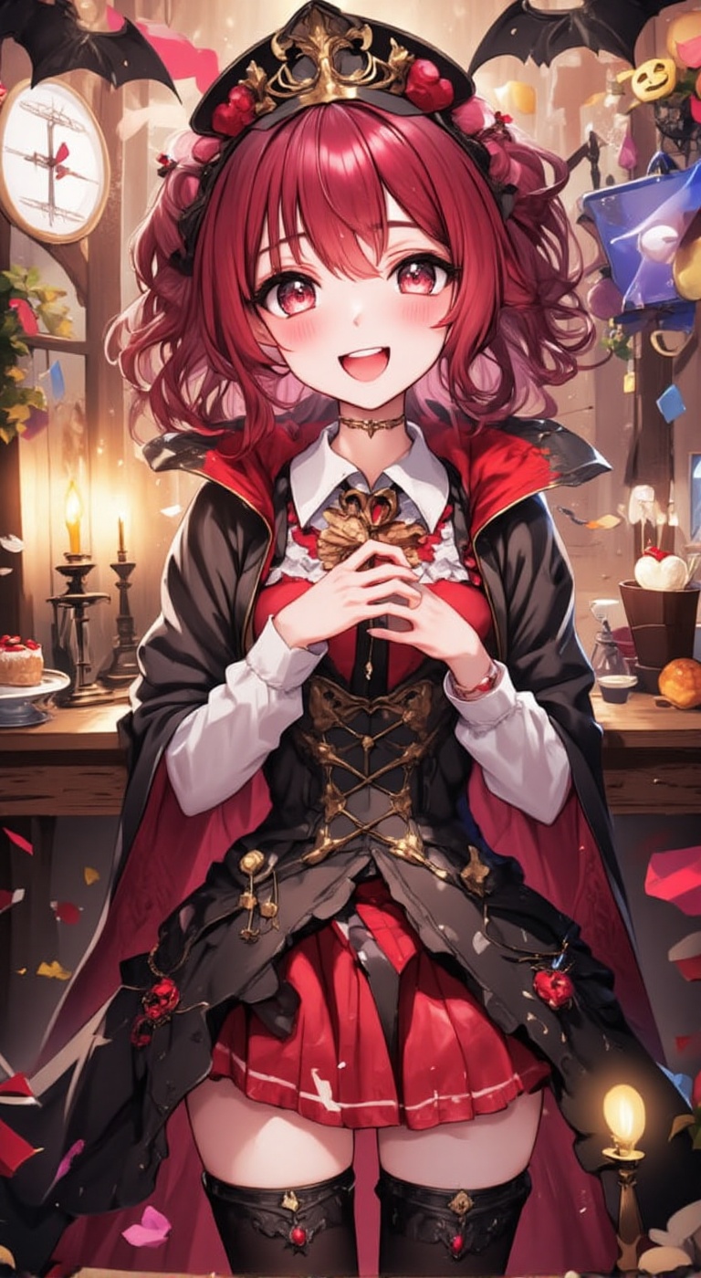 This drawing depicts a girl happily eating sweets at a vampire-themed Halloween party. Her hairstyle is fluffy curls and h...