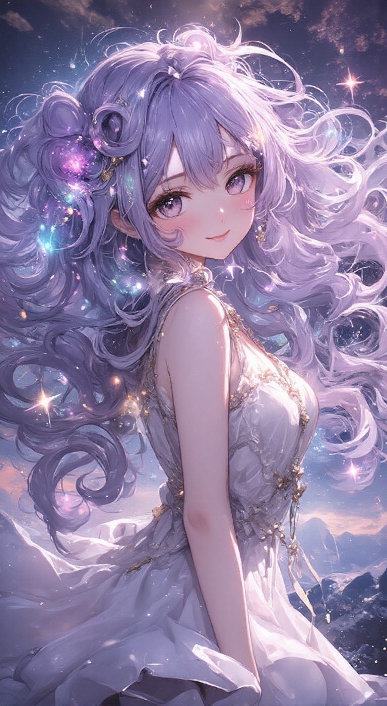 I depict a cute girl in a dream,  standing on a fantastic cloud,  turning around and smiling. Her hair is long and curly o...