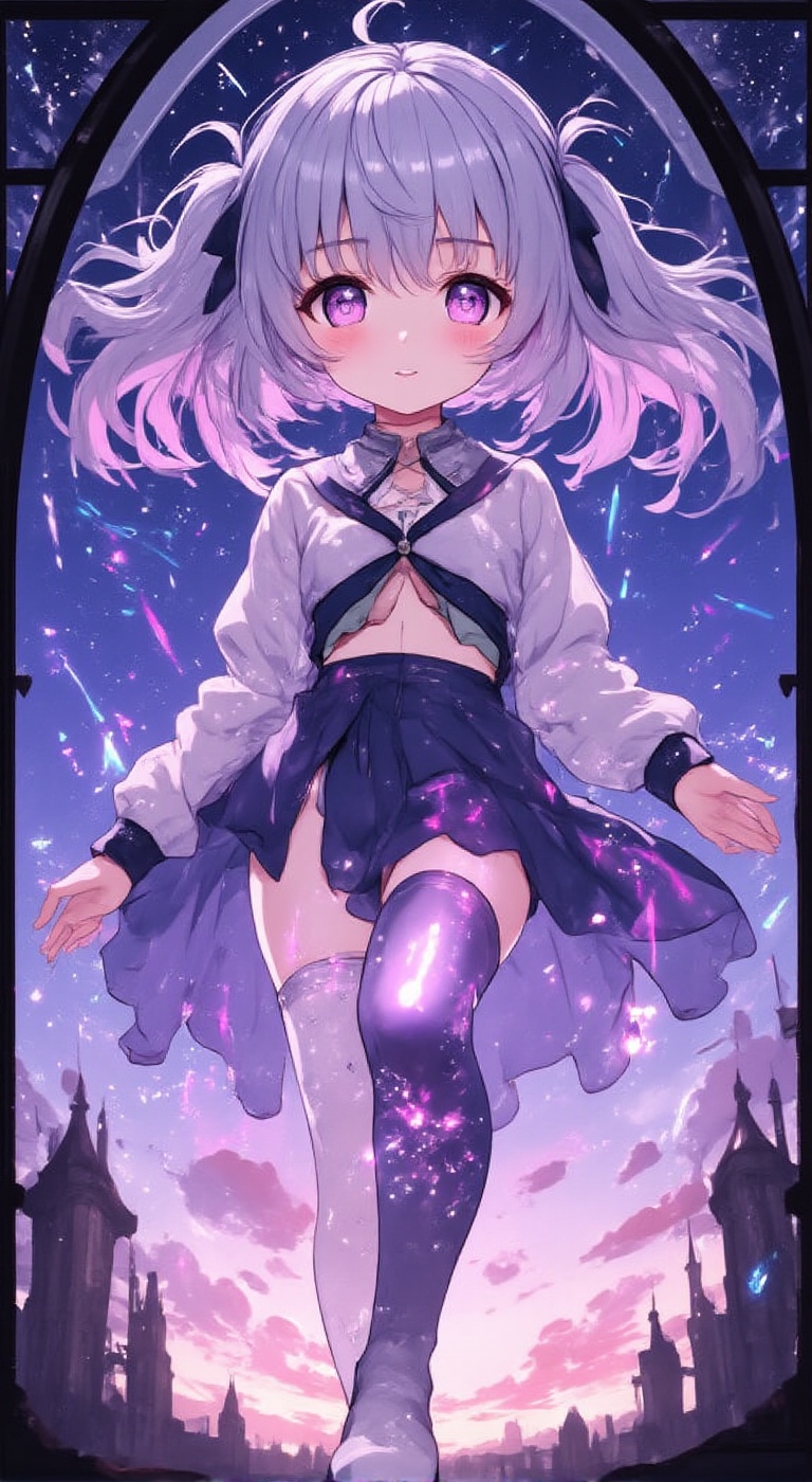 A girl dreams of flying happily through the sky. Her hairstyle is twintails,  and her hair color is random lavender. She i...
