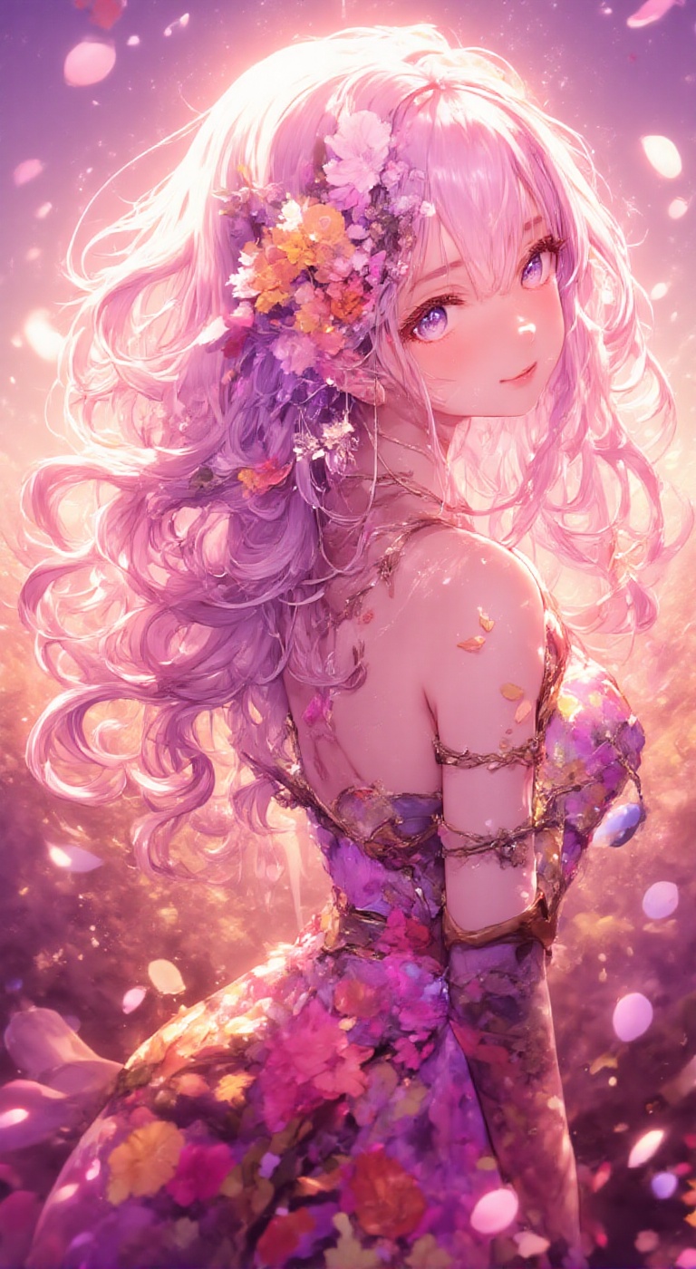 It depicts a cute girl turning around and smiling in a colorful flower field. Her hairstyle is long,  fluffy waves,  and h...