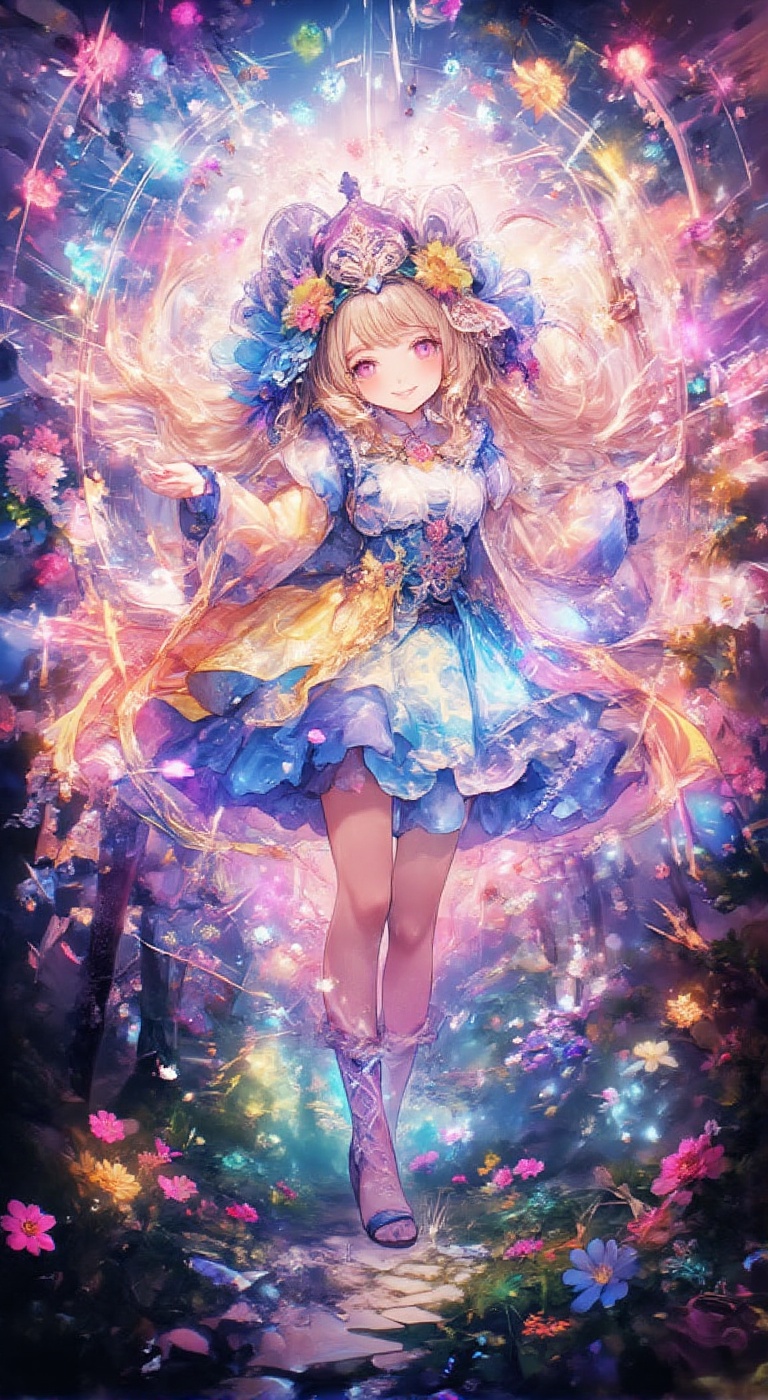 A whimsical scene unfolds: a charming smile radiates from the floating girl,  clad in a vibrant dress,  amidst a kaleidosc...