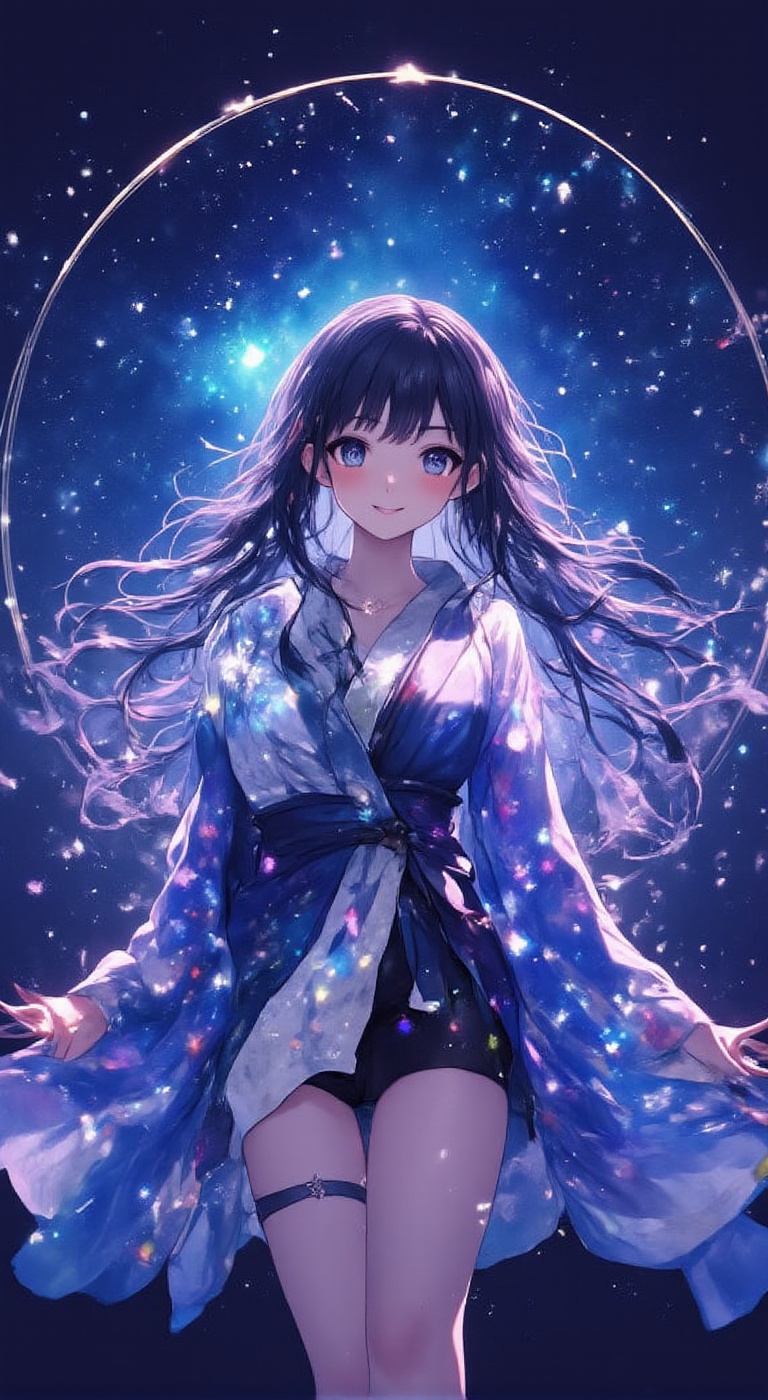 It depicts a cute girl smiling happily with her arms outstretched in a sea of ​​stars. Her hair is long and straight,  and...