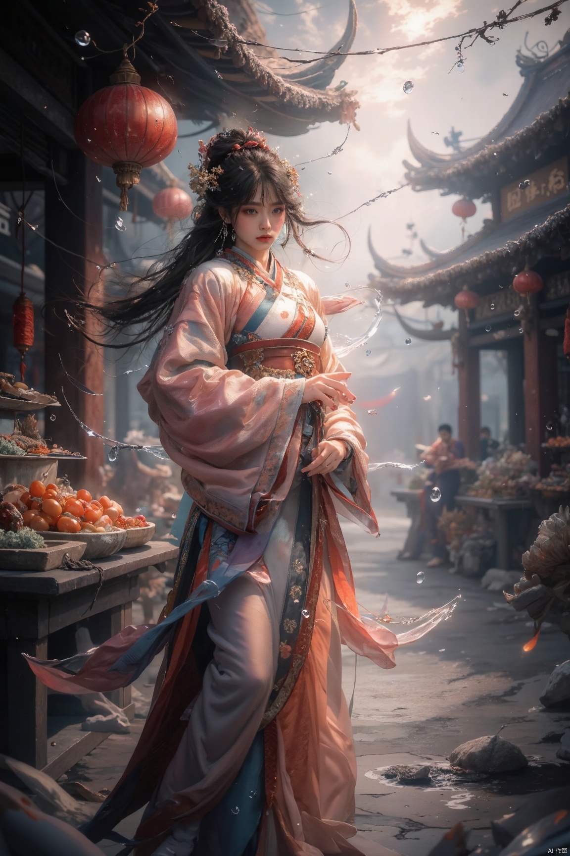 hyper realisitc,Realistis,plumw,Bigchest,slenderlegs,China-style,Hanfu,Pink tulle clothes,Orange tulle clothes,Ancient Chinese street markets,Dignified,ellegance,Noble,Song Dynasty,the Tang Dynasty,adolable,stare into the distance