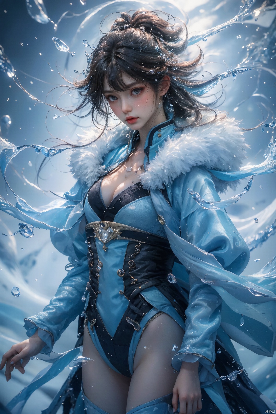 (highest quality, 8k, 32K,details are very clear),realistic, High resolution, 1 Japanese women, alone, (lolita costume),luxurious costume,facing the audience,(Upper body,upper limbs), beautiful eyes, brown hair, ring-shaped eyes, (outside,heavy snowfall,thick fur cape,cover with snow),snowfield,blue eyes,highest qualityのイラスト,detailed facial features、swimsuit