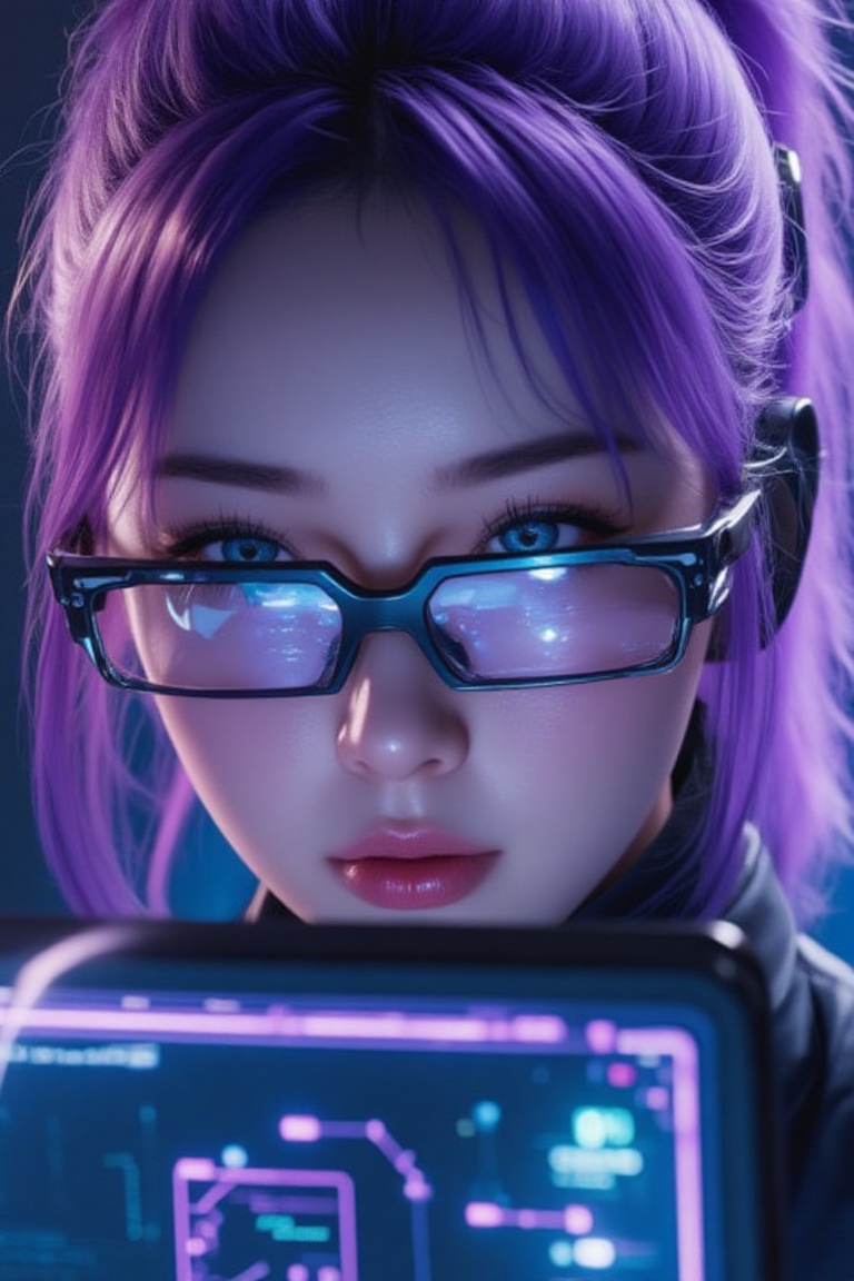 A photo of a young woman with purple hair in a high ponytail,  wearing futuristic glasses and has bold blue eyes. She is a...