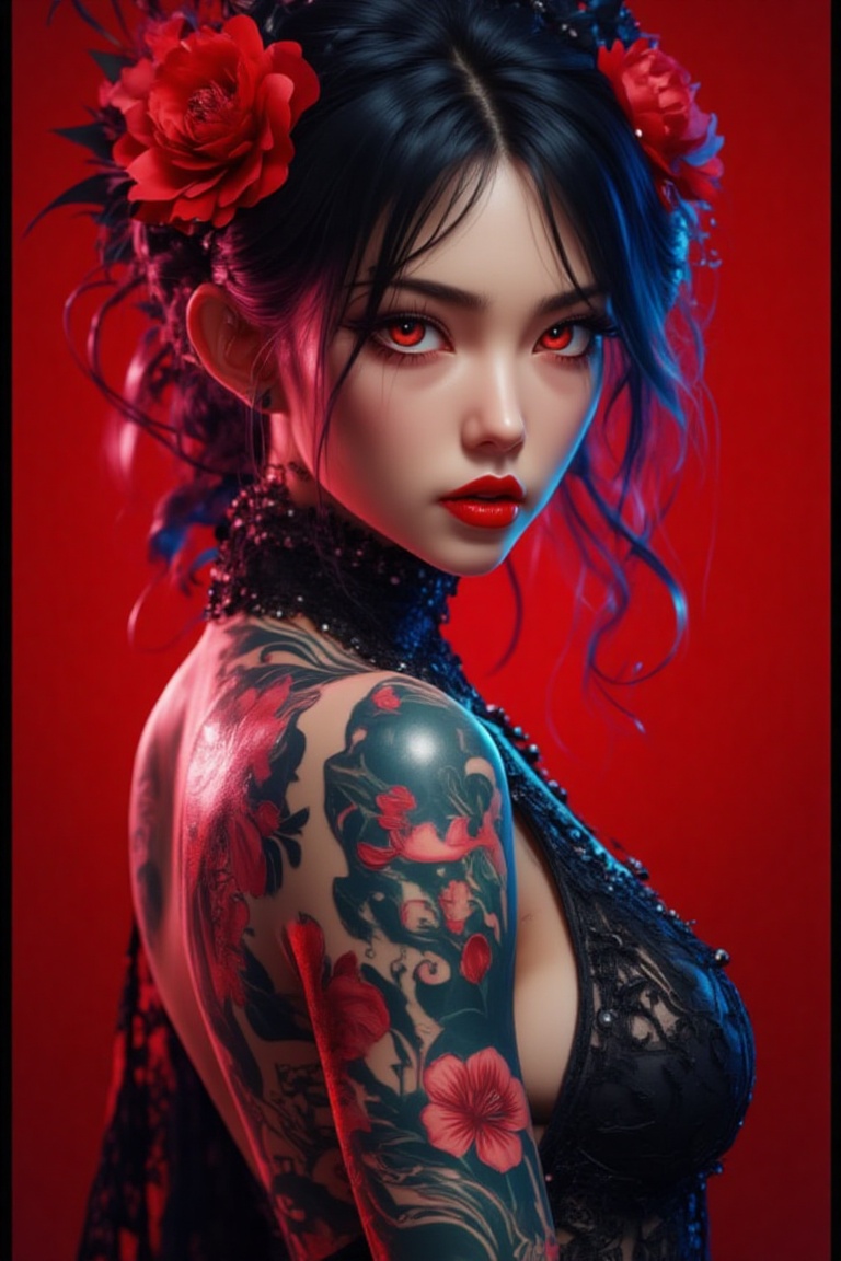 A captivating and vivid anime-inspired painting of a mysterious female character,  exuding allure and confidence. Her stri...