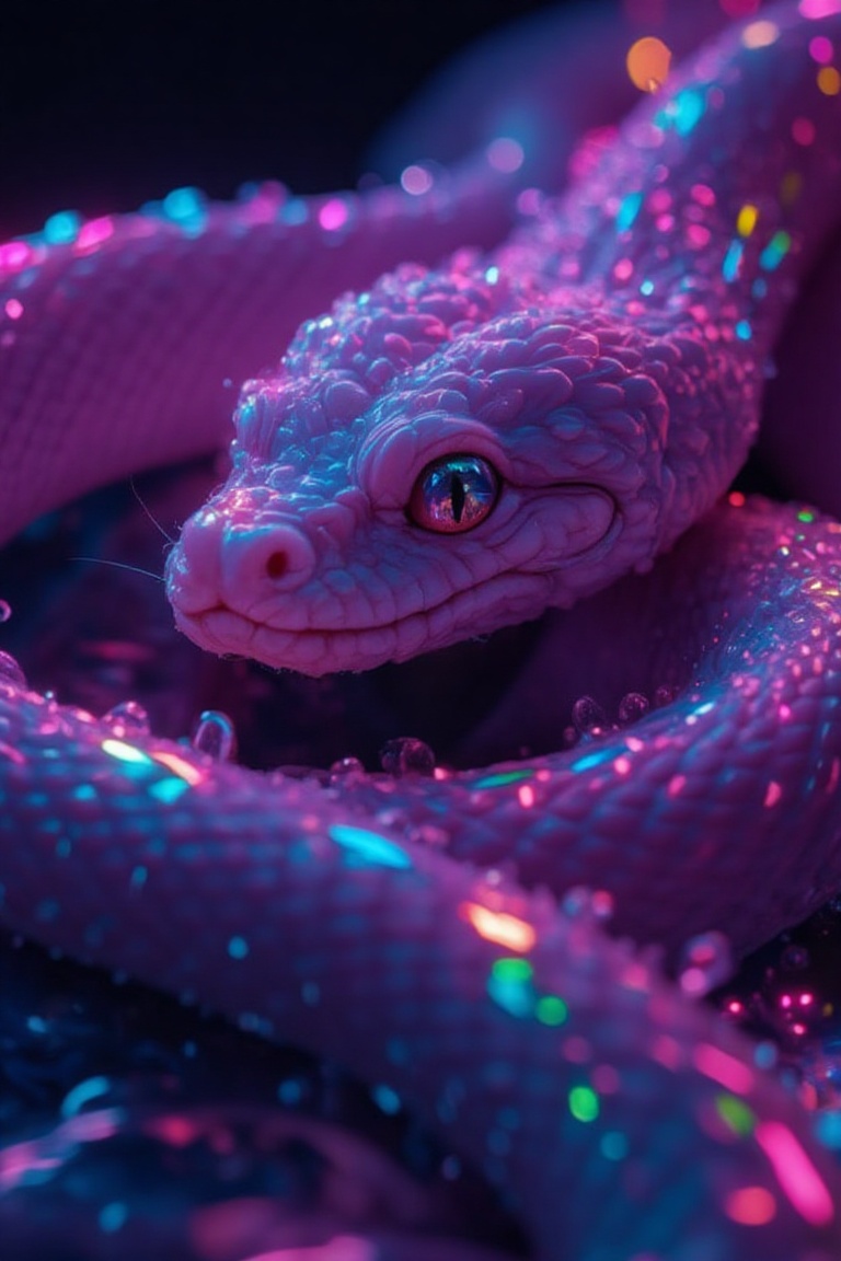 A 3D render of a hyper-realistic close-up photo illustration of water droplets on a light-colored snake. The snake is slit...