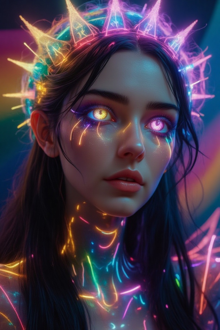 A close-up shot of a woman with glowing,  multicolored eyes,  wearing a crown of glowing on Tensor.Art
