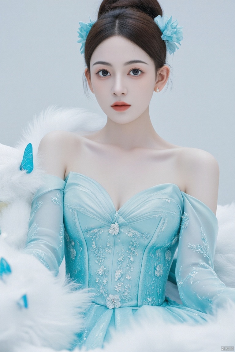 High quality,masterpiece,rich details,Blue oriental dragon,white dragon hair,real fur,xiaoyan,1girl,solo,long hair,breasts,looking at viewer,blue eyes,black hair,hair ornament,long sleeves,dress,cleavage,jewelry,medium breasts,tail,flower,earrings,horns,hair bun,blue dress,chinese clothes,single hair bun